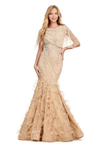 Make a statement in the Ashley Lauren 11431 Long Prom Mermaid Dress. This elegant gown features intricate beading and an asymmetrical cape, creating a stunning silhouette that will turn heads. Perfect for formal occasions and pageants, this dress will make you feel confident and glamorous. Classy with a twist. This fully beaded gown features a sheer asymmetric cape and feathers throughout the skirt.