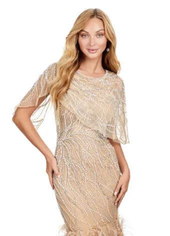 Make a statement in the Ashley Lauren 11431 Long Prom Mermaid Dress. This elegant gown features intricate beading and an asymmetrical cape, creating a stunning silhouette that will turn heads. Perfect for formal occasions and pageants, this dress will make you feel confident and glamorous. Classy with a twist. This fully beaded gown features a sheer asymmetric cape and feathers throughout the skirt.