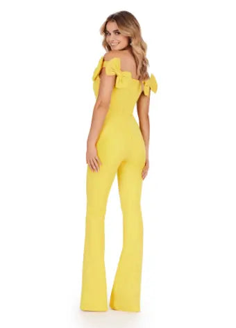 jumpsuit dress off shoulder Ashley Lauren 11439 Formal Scuba Jumpsuit Off Shoulder Bow Details Prom 8 / Yellow