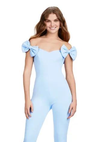 Introducing the Ashley Lauren 11439 Formal Scuba Jumpsuit, featuring a beautiful off shoulder design with elegant bow details. Made with high-quality scuba fabric, this jumpsuit offers a comfortable and sleek fit for any prom or formal occasion. Show off your fashion-forward style with this must-have piece. Strike a pose in this fun-fashion scuba jumpsuit! With the cutest off shoulder bow sleeves, this piece will give you the confidence you need at any event!