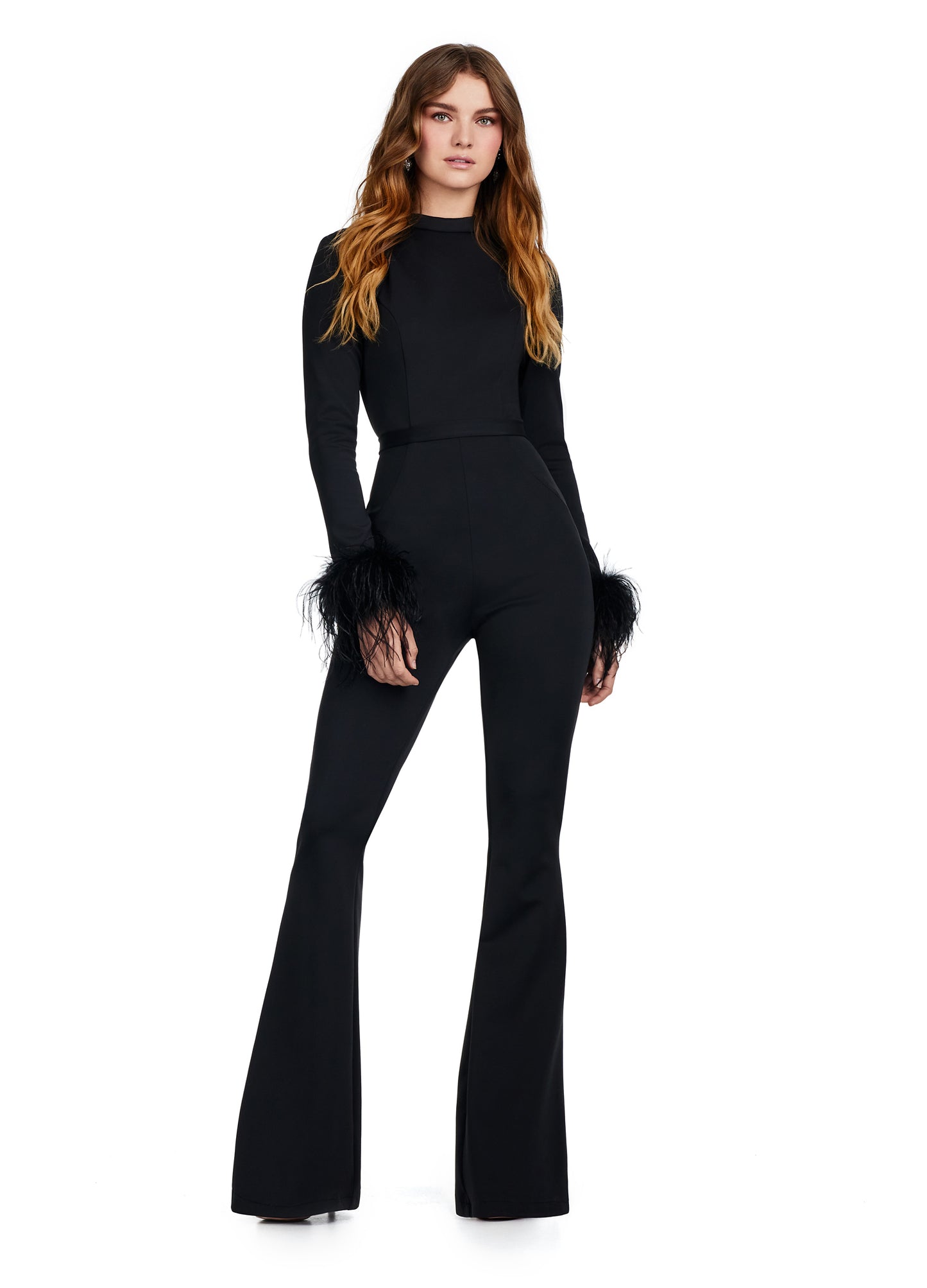 Discover the elegance of the Ashley Lauren 11441 Prom Scuba Jumpsuit. Featuring a stunning open back design and delicate feather detailing, this jumpsuit is sure to make a statement at any formal event. Made with high-quality scuba material, it offers both comfort and style for a night to remember. Time to make a statement in scuba! With the feather cuffs and back cut out this jumpsuit is sure to turn heads.