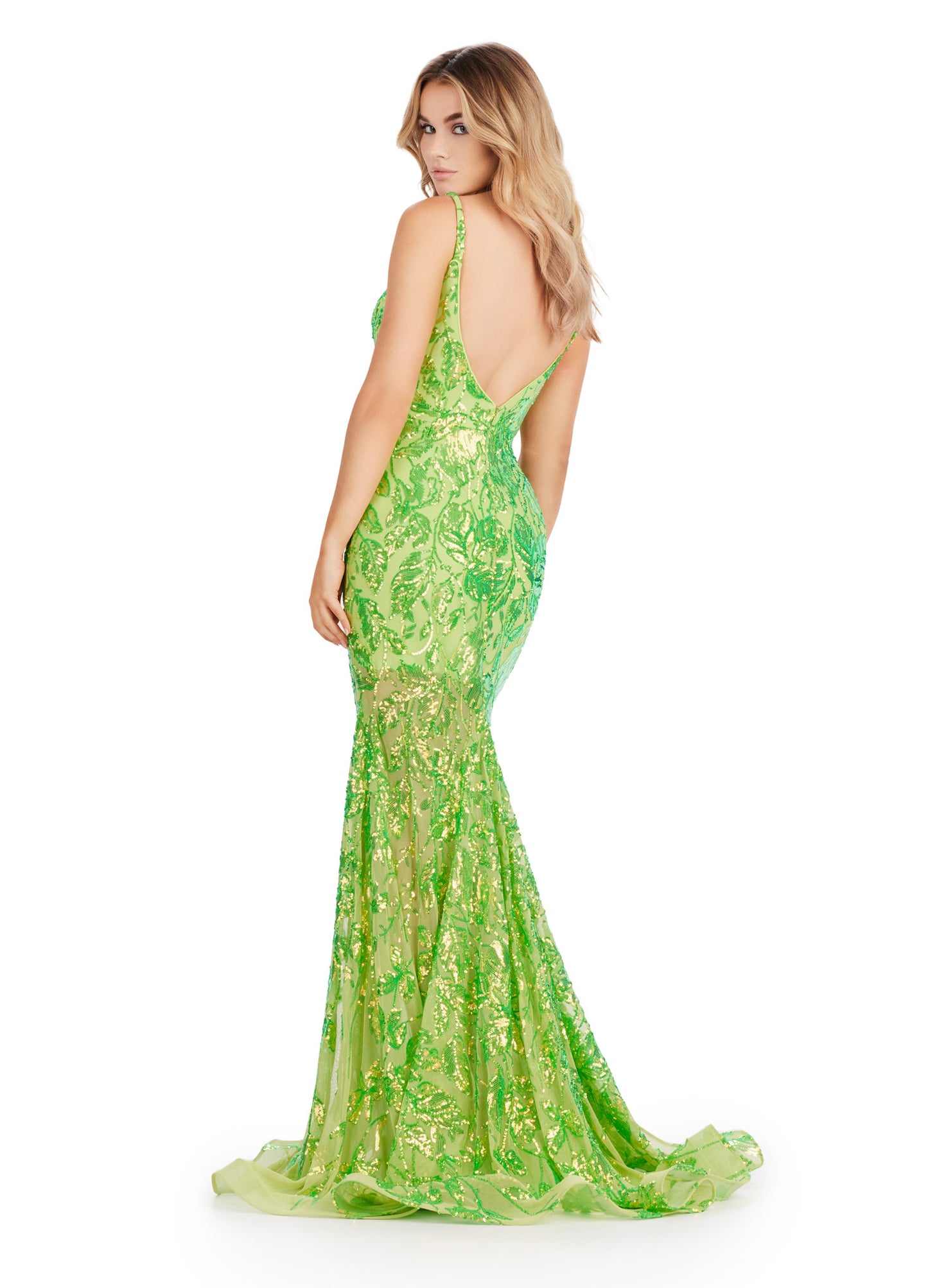 Elevate your prom or pageant look with the Ashley Lauren 11444 gown. Featuring a dazzling sequin design, spaghetti straps, and a low back, this formal dress is sure to turn heads. Its long length adds elegance, while the spaghetti straps provide comfort and support. Make a statement with this stunning gown. Look like royalty in this fully sequin gown! From its elegant top, open back and flare skirt, this gown has it all!
