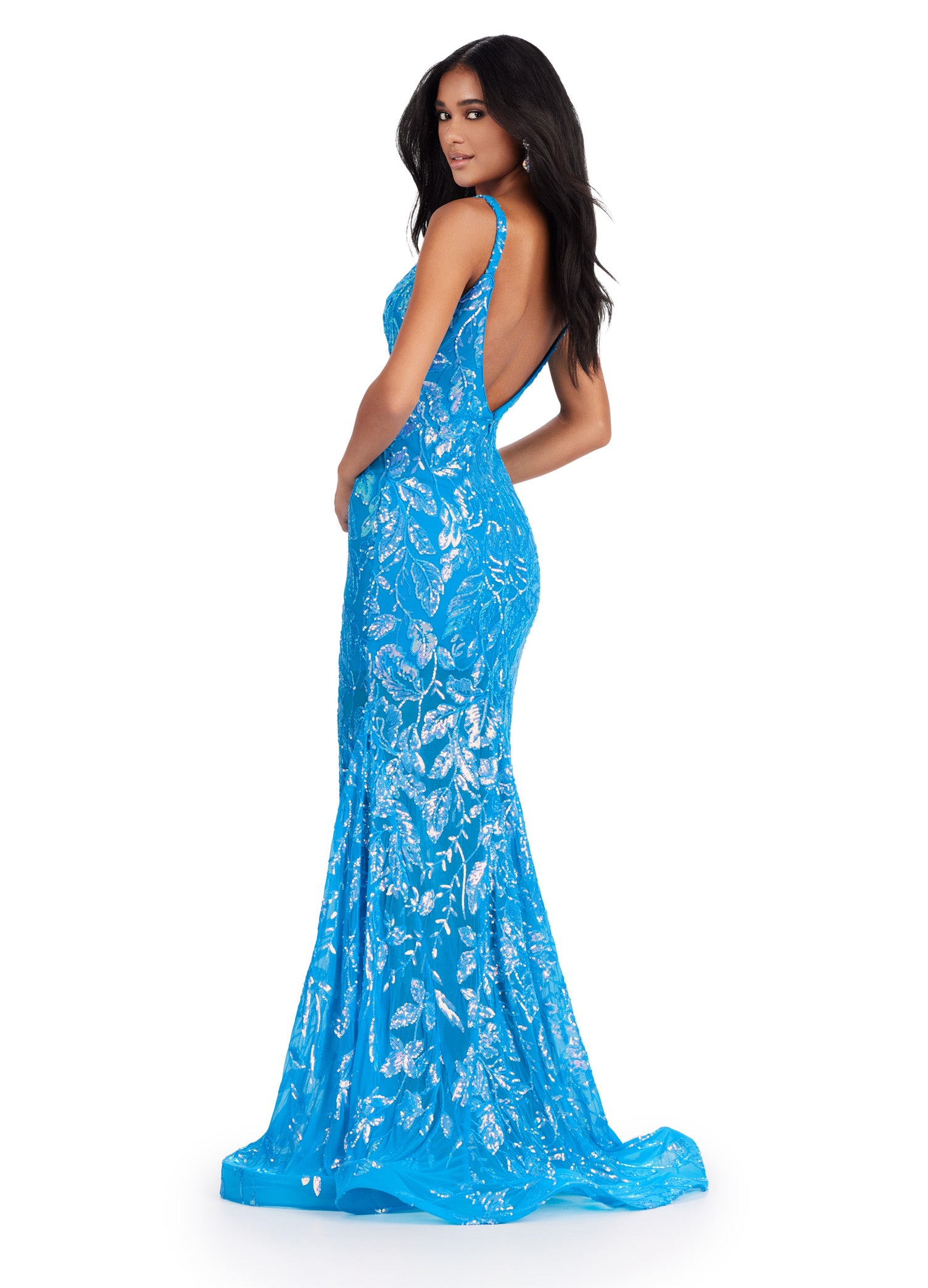 Elevate your prom or pageant look with the Ashley Lauren 11444 gown. Featuring a dazzling sequin design, spaghetti straps, and a low back, this formal dress is sure to turn heads. Its long length adds elegance, while the spaghetti straps provide comfort and support. Make a statement with this stunning gown. Look like royalty in this fully sequin gown! From its elegant top, open back and flare skirt, this gown has it all!