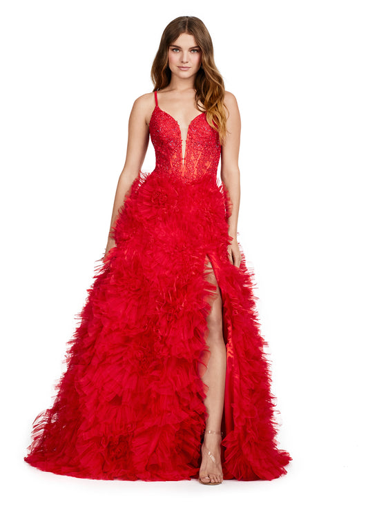 Go all out in this stunning Ashley Lauren 11446 Long Prom Dress. With a flattering spaghetti strap V-neck design and a dramatic tulle ruffled skirt, this gown will make you stand out at any formal occasion. Perfect for proms, pageants, and more. Feel confident and elegant in this beautiful dress. Looking for a dress that will WOW? Look no further! This luscious gown has a full tulle ruffled skirt and a deep V-neck. You're sure to stand out in this!