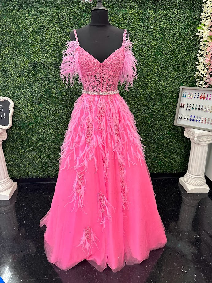 pink dress with fluff Off Shoulder Pink Long Prom Dresses, Fluffy Pink Formal Evening Dresse Bridelily