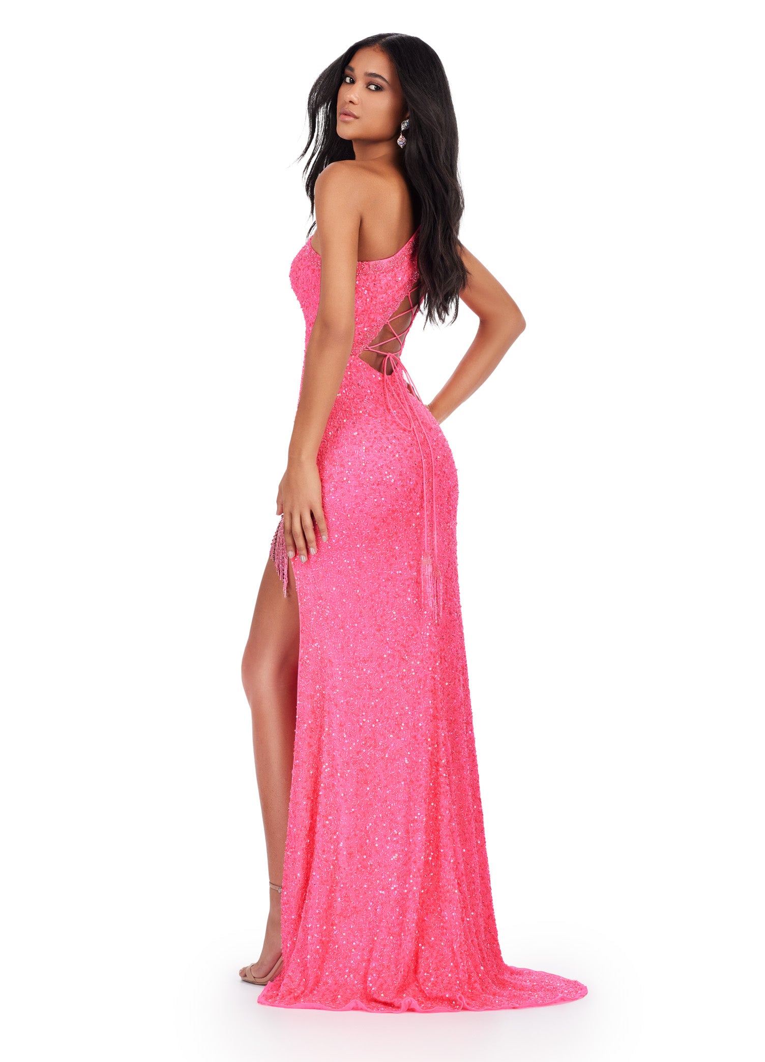 Indulge in the luxurious elegance of the Ashley Lauren 11449 Long Prom Dress. This stunning gown features a gorgeous sequin one shoulder design and an asymmetrical lace up back, perfect for making a bold statement at any formal occasion. With its intricate lace detailing and flattering silhouette, this gown is sure to turn heads and make you feel like a pageant queen.