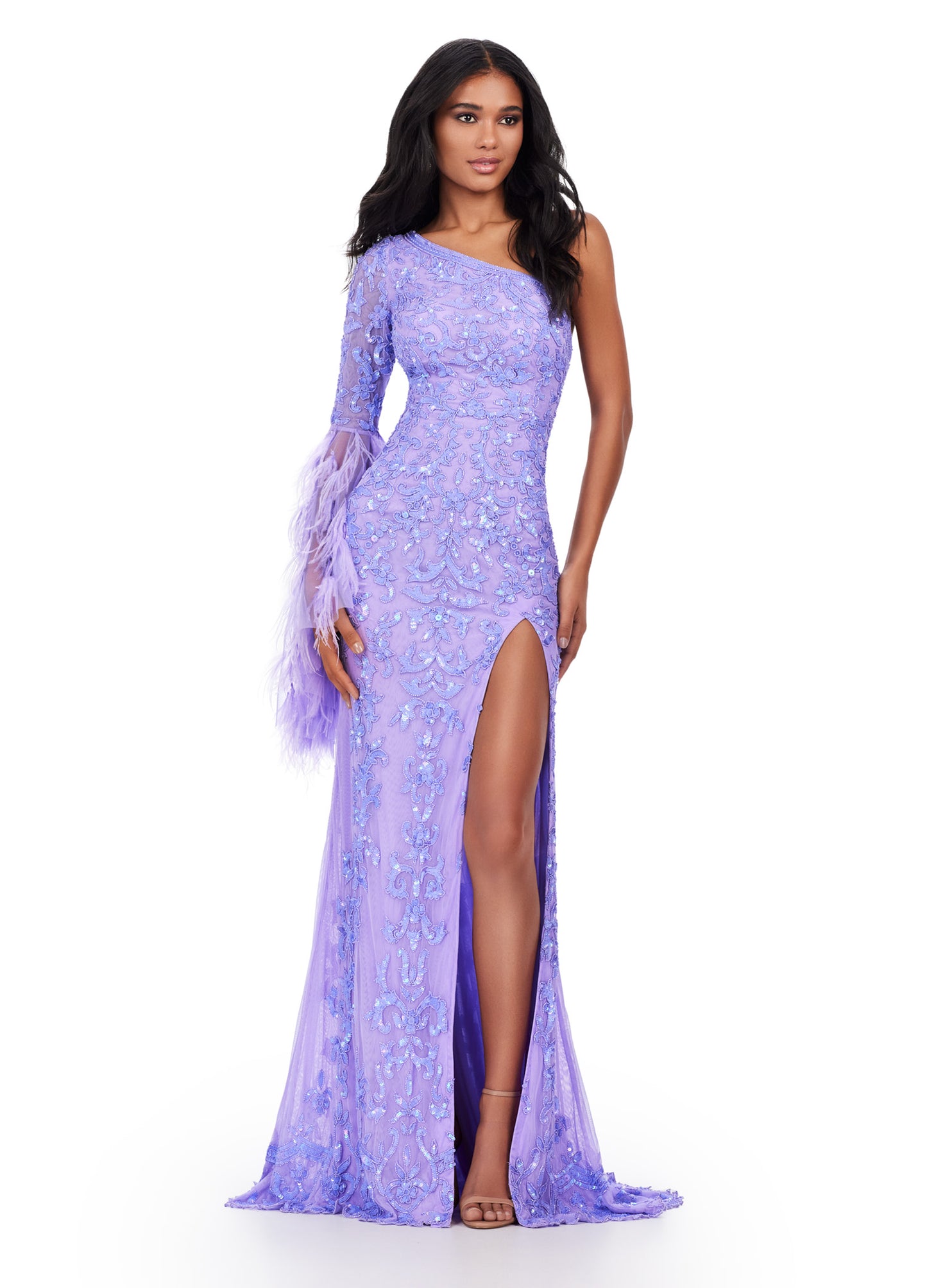 Make a statement in the Ashley Lauren 11452 Long Prom Dress. This stunning gown features a one shoulder design and full sequin embellishments, perfect for standing out at prom or a formal pageant. The bell sleeves add a touch of elegance to this standout piece. Available in multiple sizes. Elegant and fab! This one shoulder, fully beaded gown features a left leg slit and a dramatic feathered bell sleeve that takes this look to the next level.