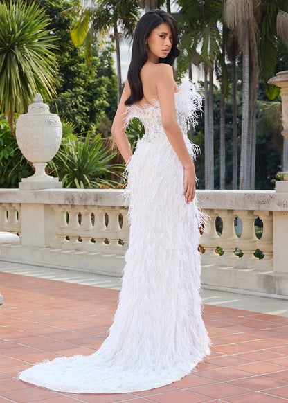Ashley Lauren 11457 Long Prom Dress Strapless Gown Beading Feathers Slit Formal Pageant Gown
