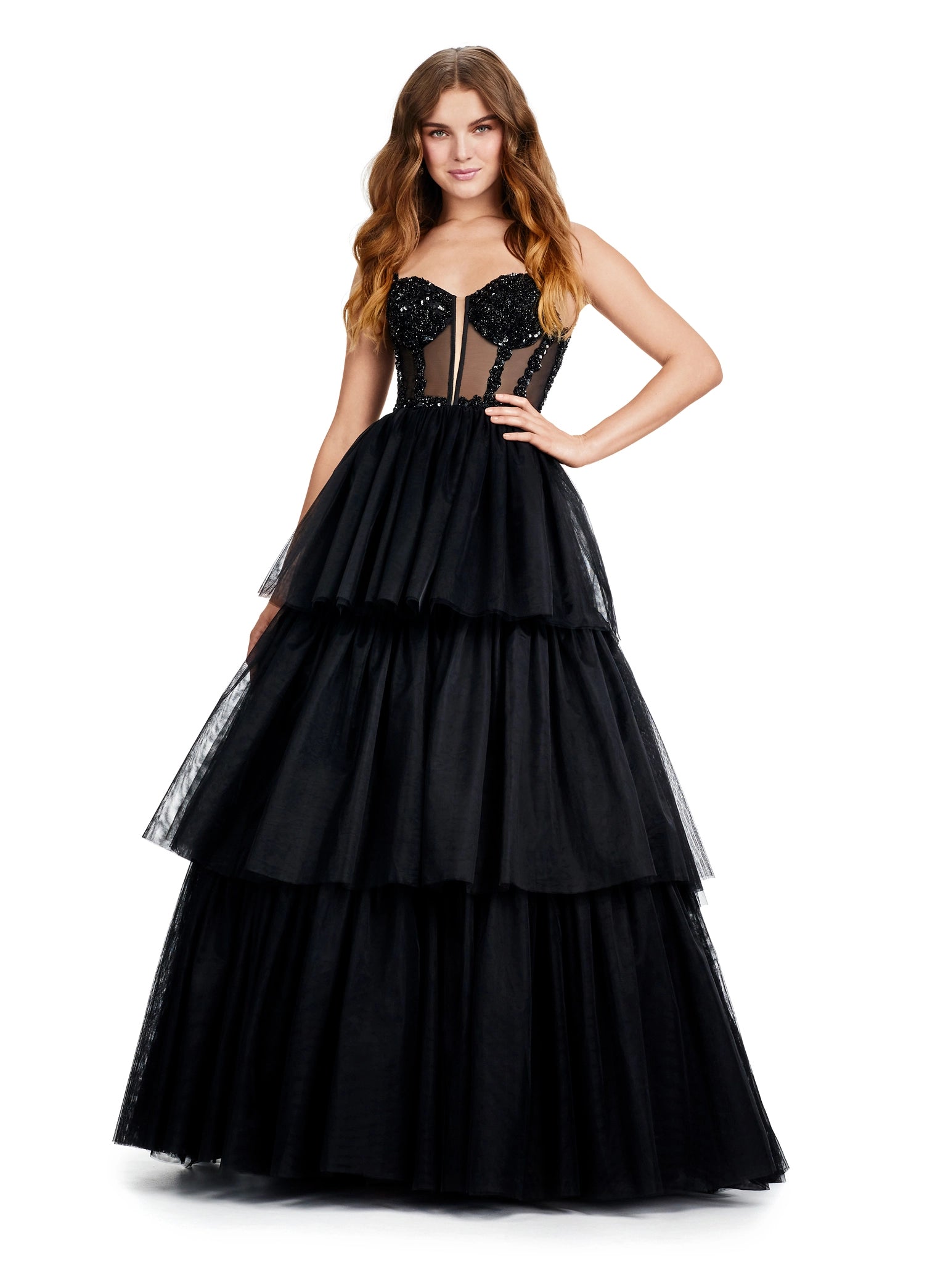 knee length dresses for ladies Black Strapless Tulle Tiered Sheer Prom Dress main image 0