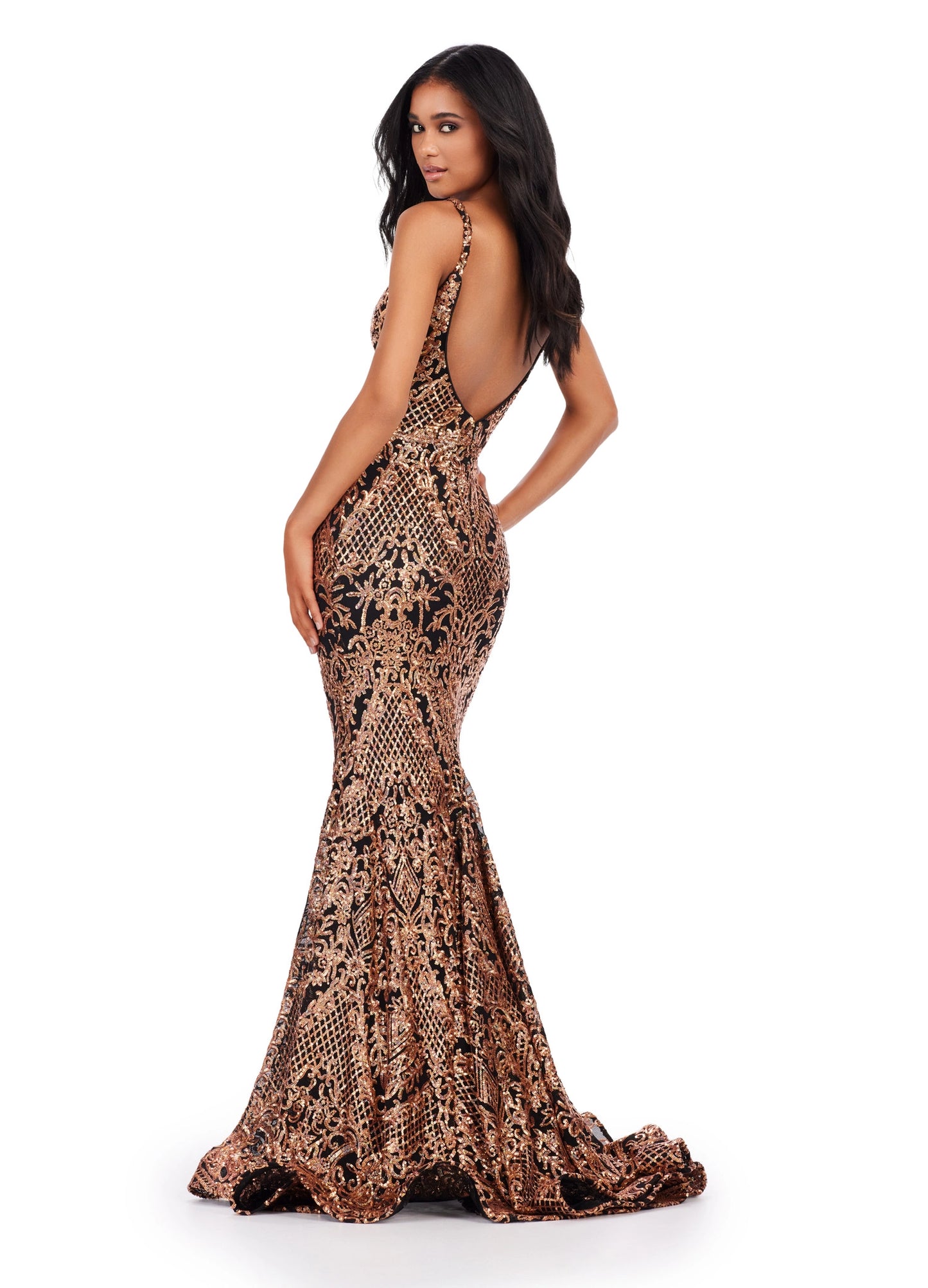 This eye-catching Ashley Lauren 11466 Long Sequin Mermaid Prom Dress is sure to make a statement. The glamorous V-neck, backless design, and long mermaid skirt make this the ultimate formal gown. Perfect for making a lasting impression. A dress perfect for any event. This intricate stretch sequin gown features a V-Neckline and a low cut back.