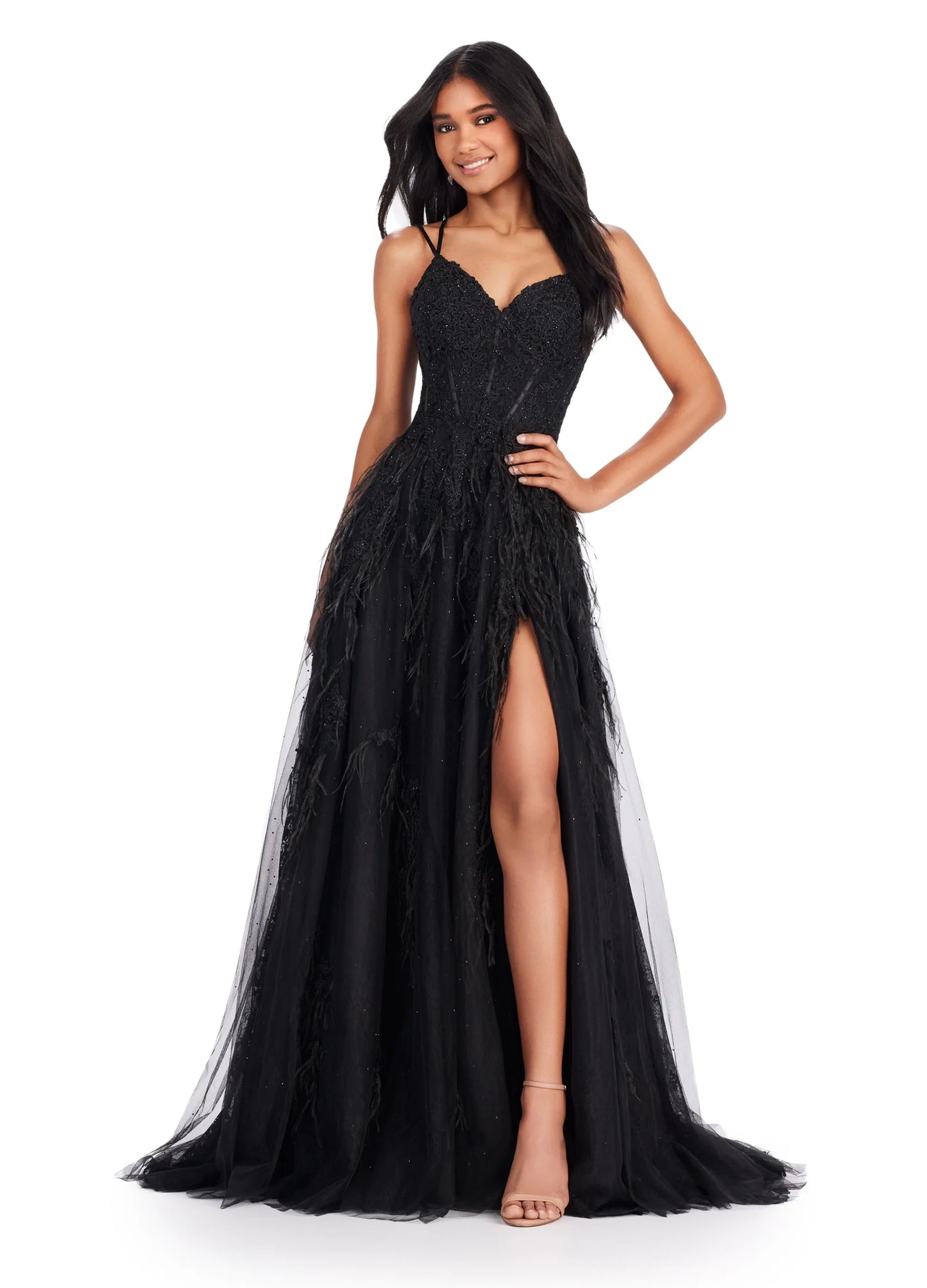 This Ashley Lauren 11480 dress is a stunningly unique piece for your next special event. Featuring intricate lace and feather detailing, a slim a-line fit with a thigh-high slit, a corset bodice, and an elegant low-back, this dress will be sure to draw attention. Perfect for prom, pageants, or any formal occasion. 