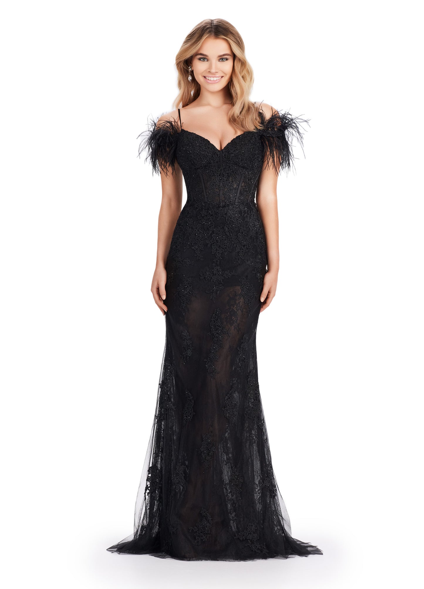 Expertly designed by Ashley Lauren, this Long Prom Dress combines a fitted corset and embroidered details for a stunning silhouette. The off-shoulder neckline and feather sleeves add a touch of elegance to this formal pageant gown. Make a statement with this unique and fashionable dress. Stun the crowd in this decadent gown! Made of our scuba fabric, its off the shoulder sleeves flow into an elegant front bow for the perfect look!