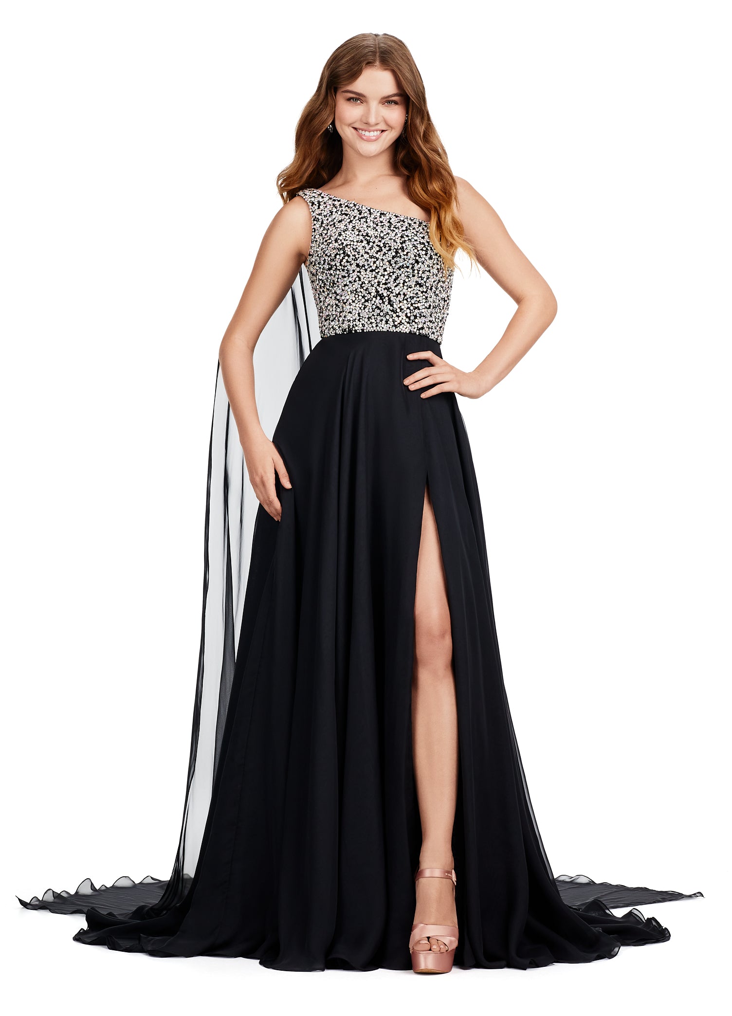 Introducing the show-stopping Ashley Lauren 11482 Long Prom Dress! This elegant gown features a one-shoulder design and flowing chiffon fabric, perfect for any formal occasion. The stunning beaded bustier adds a touch of sparkle and glamour, making you the center of attention. Elevate your style with this must-have pageant gown. A dress fit for a queen!