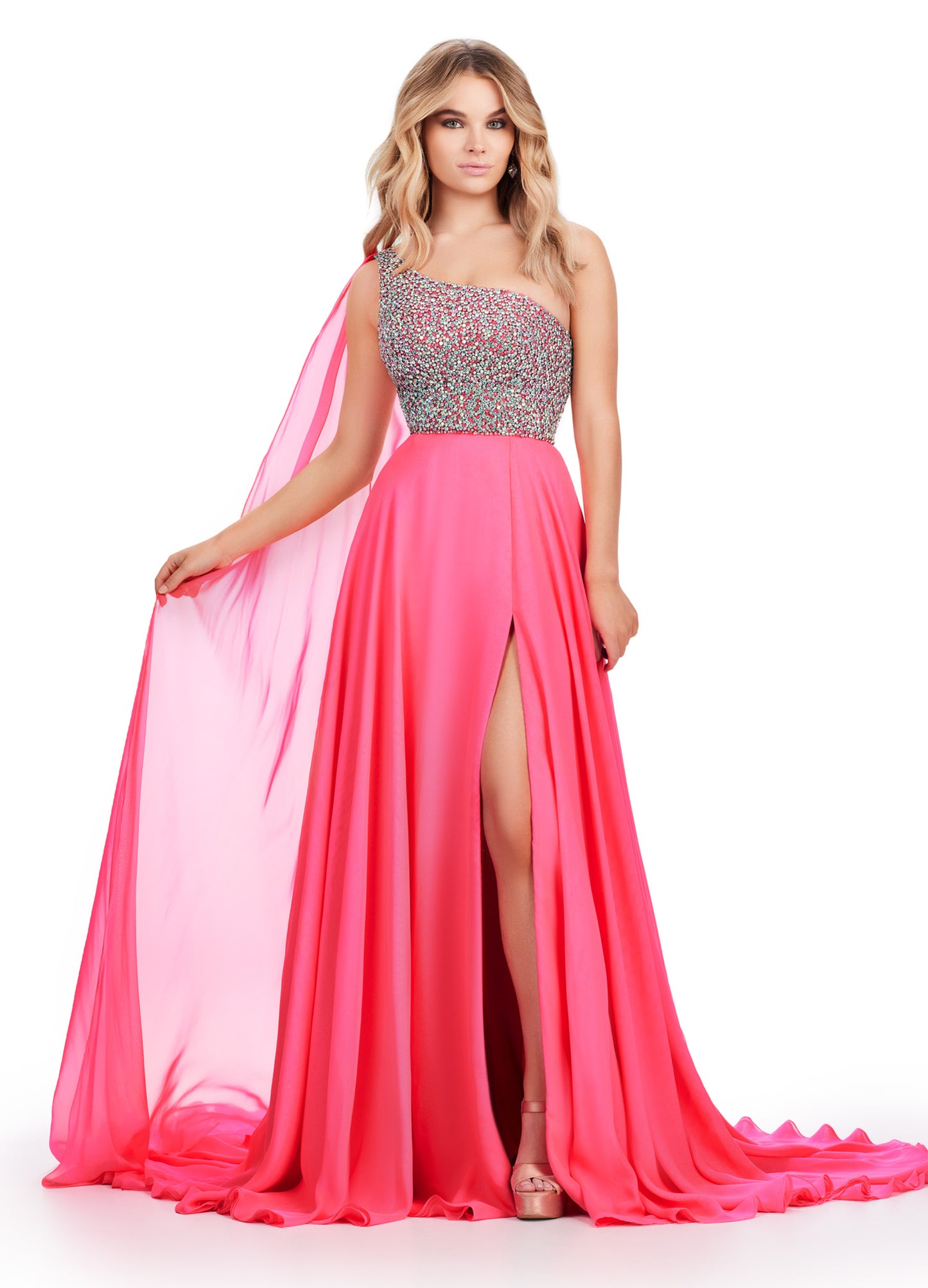 Introducing the show-stopping Ashley Lauren 11482 Long Prom Dress! This elegant gown features a one-shoulder design and flowing chiffon fabric, perfect for any formal occasion. The stunning beaded bustier adds a touch of sparkle and glamour, making you the center of attention. Elevate your style with this must-have pageant gown. A dress fit for a queen!