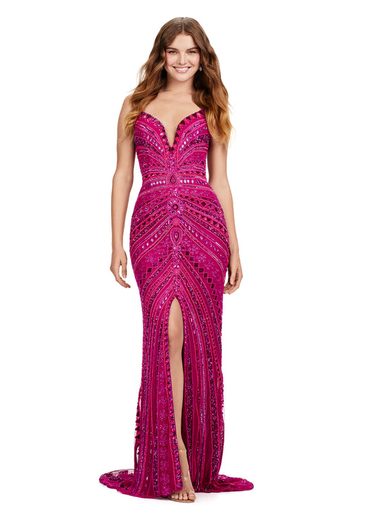 Elevate your style in the stunning Ashley Lauren 11488 Long Prom Dress. This fully beaded strapless gown features a sweetheart neckline and a flattering slit for a touch of glamour. Perfect for any formal occasion or pageant, this dress is sure to make you stand out. All eyes on you in this fabulous strapless gown! This fully beaded dress features a center slit and an intricate beaded pattern.