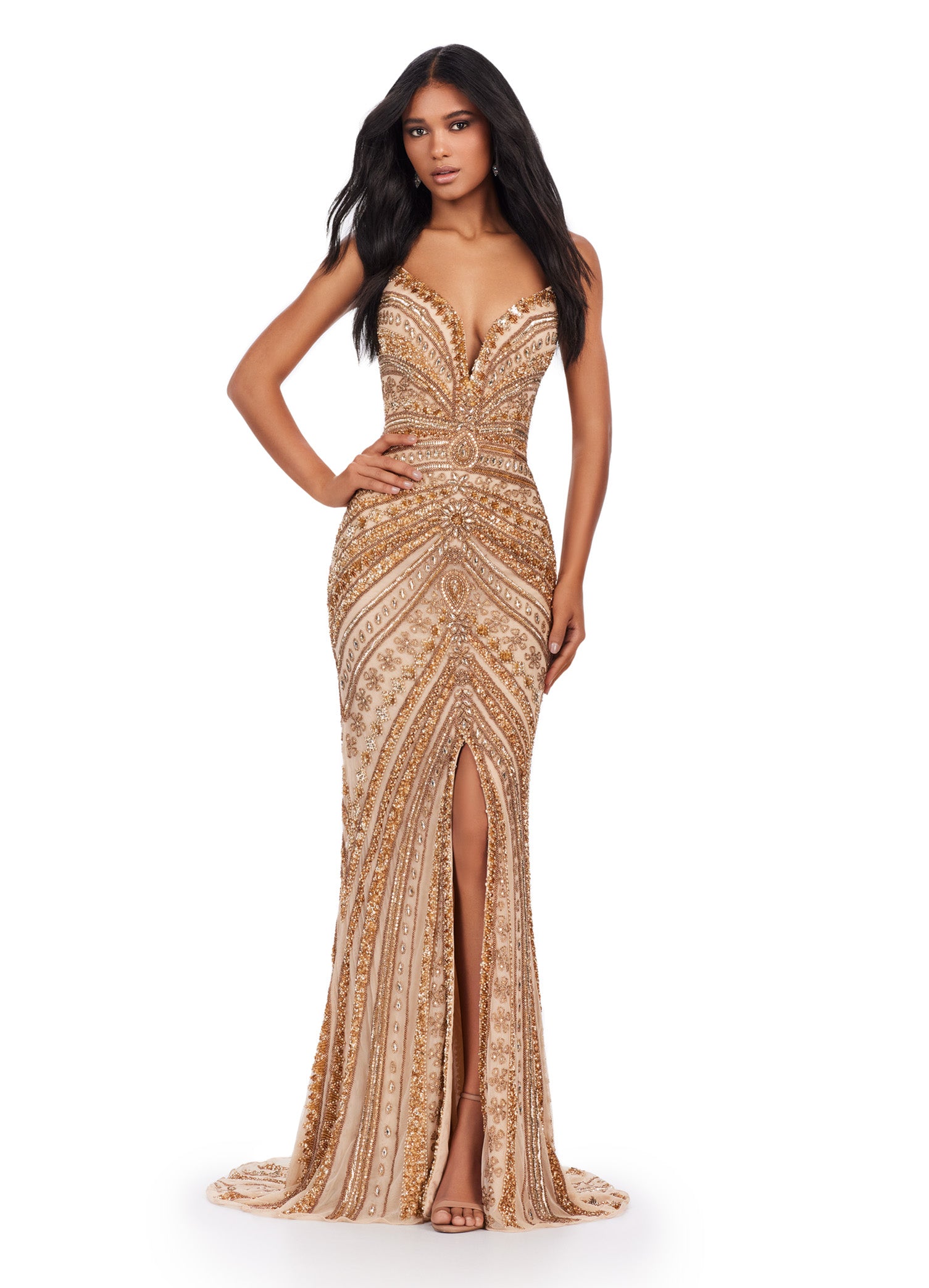 Elevate your style in the stunning Ashley Lauren 11488 Long Prom Dress. This fully beaded strapless gown features a sweetheart neckline and a flattering slit for a touch of glamour. Perfect for any formal occasion or pageant, this dress is sure to make you stand out. All eyes on you in this fabulous strapless gown! This fully beaded dress features a center slit and an intricate beaded pattern.