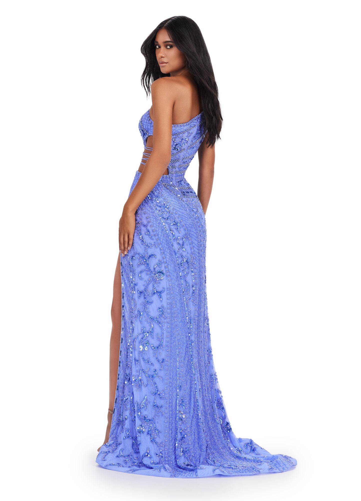 Ashley Lauren 11489 Long Prom Dress Fitted One Shoulder Sequin Gown Cut Outs Slit Formal Pageant Gown