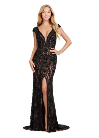 Elevate your formal style with the Ashley Lauren 11497 Fully Beaded V-Neck Evening Gown. The intricate beading, cap sleeves, and center slit create a stunning silhouette that will surely make a statement. Perfect for special occasions, this gown exudes elegance and sophistication. This fully beaded gown is perfect for your next event. This elegant dress features cap sleeves and a V-Neckline with a center slit to compliment the look.
