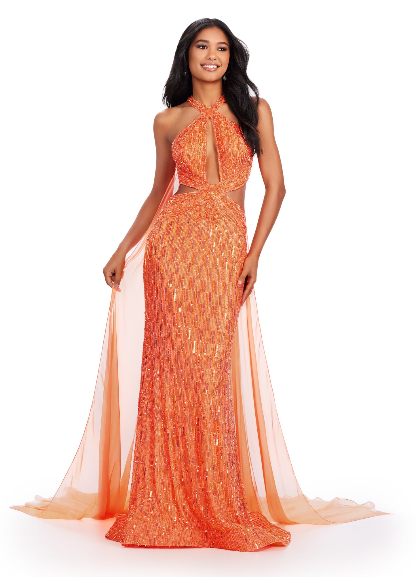This Ashley Lauren 11499 long prom dress features beautiful beadwork and cut outs, as well as a stunning cape and halter design. Perfect for formal events and pageants, this gown will make you stand out with its elegant and glamorous style. Ready to hit the runway? This fully beaded halter neck gown features cut outs and chiffon capes to ensure you'll make an entrance.