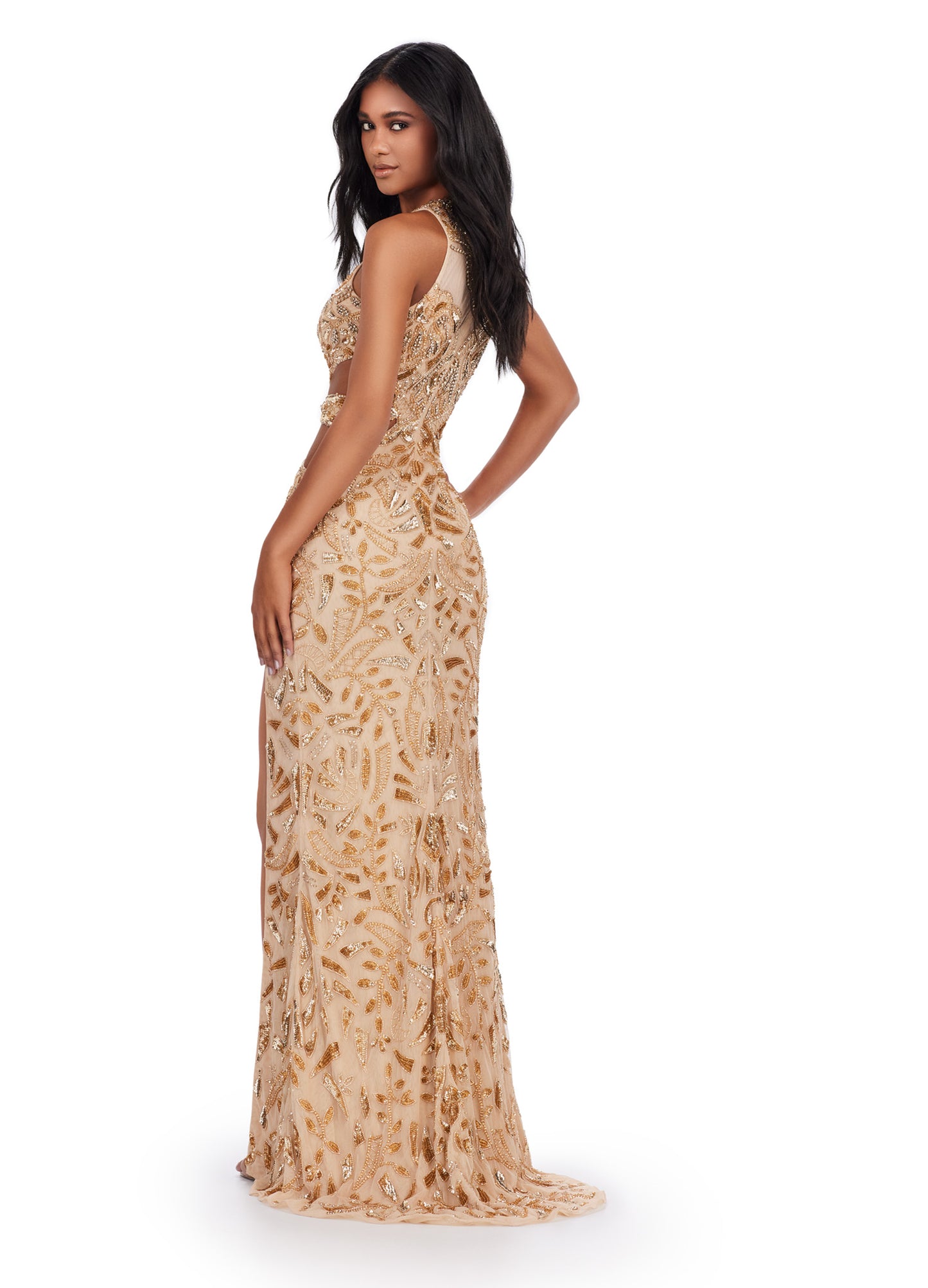 Ashley Lauren 11501 Long Prom Dress Fitted High Neck Cut Outs Intricate Bead Pattern Formal Pageant Gown