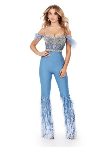 Elevate your formal attire in the Ashley Lauren 11513 Denim Jumpsuit. Beaded bustier and corset provide a flattering silhouette. The ombre feather design adds a touch of elegance. Perfect for prom or any formal event. Expertly crafted for a sophisticated and stylish look. Can you say iconic? This denim jumpsuit features a fully beaded bustier and waist band. The style is complete with ombre feather details and off shoulder feathered straps.