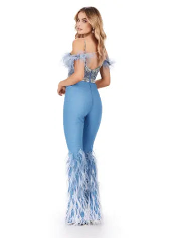 Elevate your formal attire in the Ashley Lauren 11513 Denim Jumpsuit. Beaded bustier and corset provide a flattering silhouette. The ombre feather design adds a touch of elegance. Perfect for prom or any formal event. Expertly crafted for a sophisticated and stylish look. Can you say iconic? This denim jumpsuit features a fully beaded bustier and waist band. The style is complete with ombre feather details and off shoulder feathered straps.