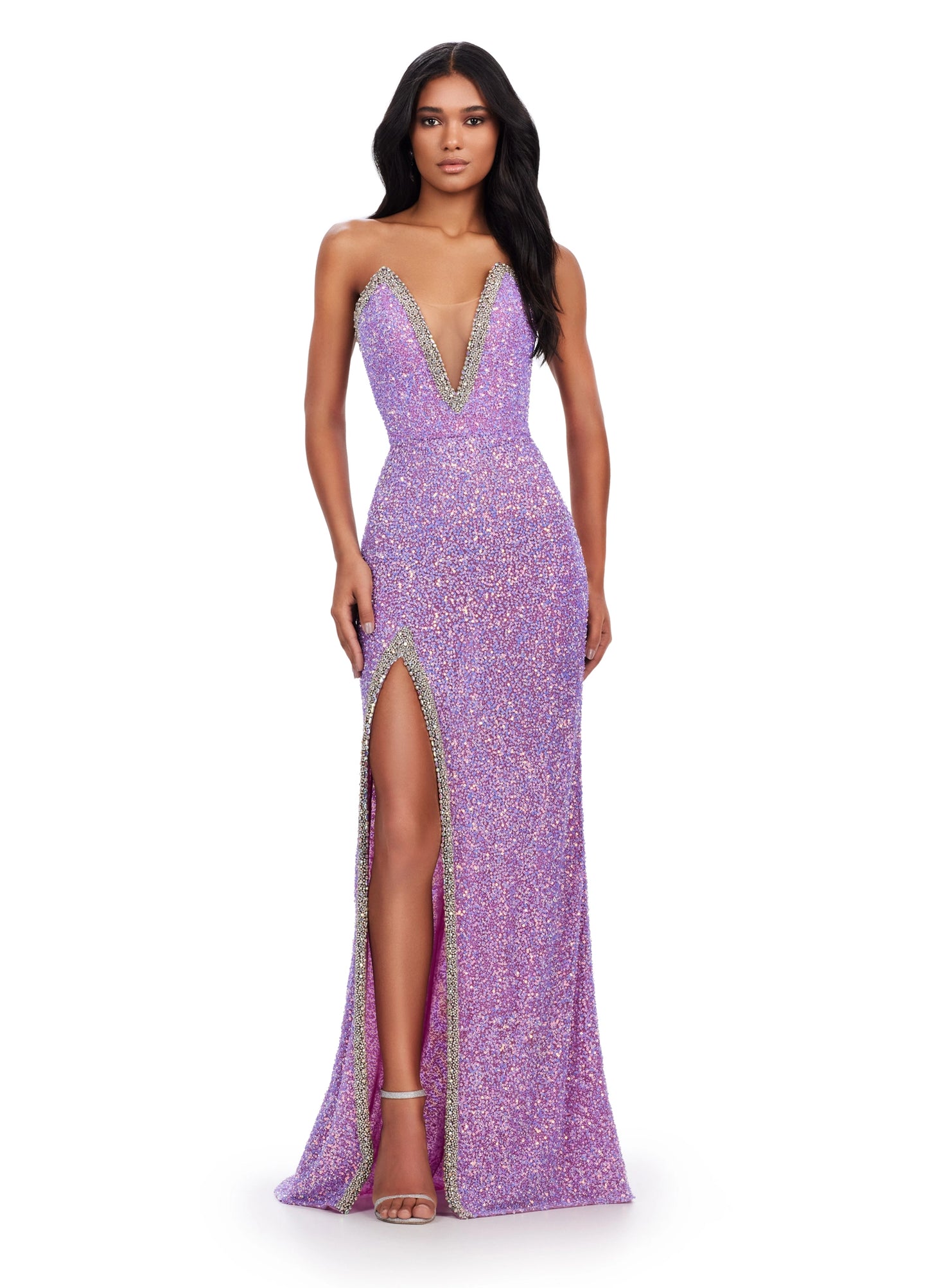 Look glamorous in this Ashley Lauren 11521 beaded sequin pageant dress. Featuring a strapless bodice, a crystal V neckline, beaded sequins, a full skirt with a slit, and a floor-length hem. Look absolutely stunning at your next formal event. Bring the glam! This fully beaded strapless gown features a deep v neckline and a left leg slit.