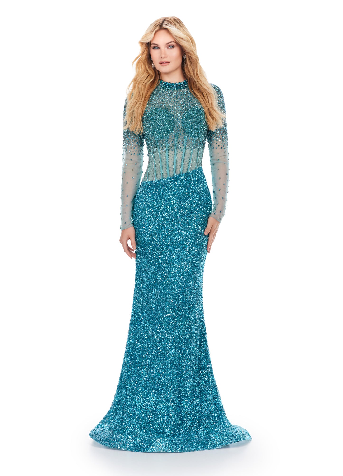 Introducing the Ashley Lauren 11522 Long Prom Dress. This elegant gown features long sleeves, intricate beadwork and a stunning exposed corset bustier. Perfect for formal events, pageants, or any special occasion. Make a statement with this timeless and luxurious gown. Absolute elegance and glamour! This fully beaded long sleeve gown features an exposed corset bustier that is perfect for your next event.