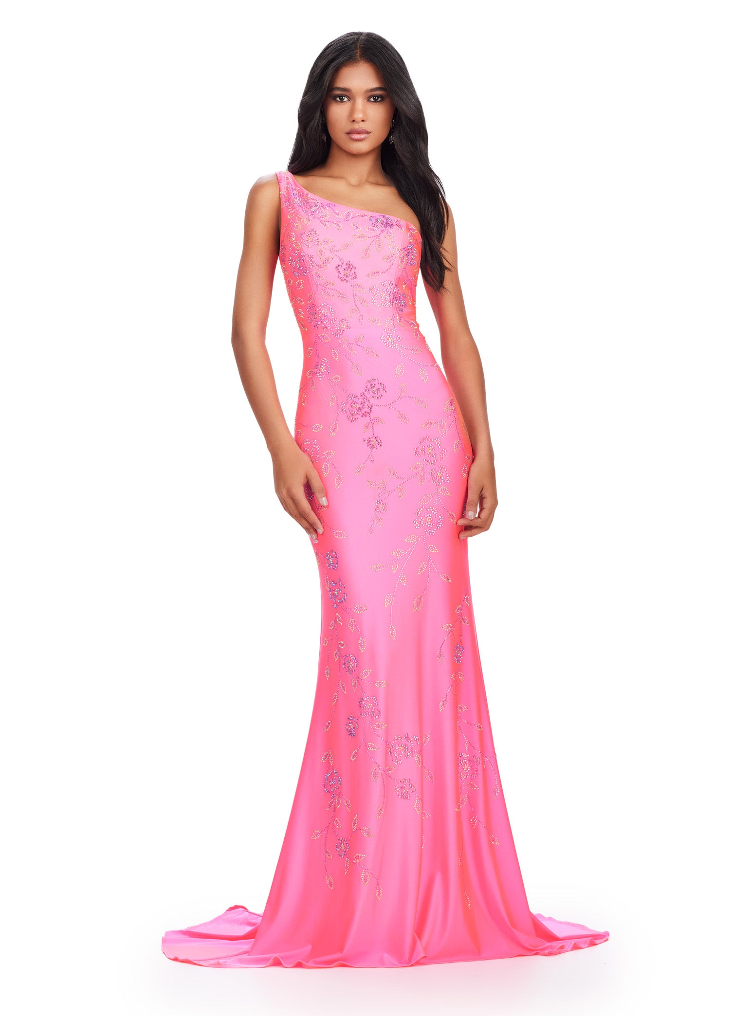 open lace back dress One-Shoulder Smokey Blue Embroidery Tulle Prom Dress – FancyVestido main image 0