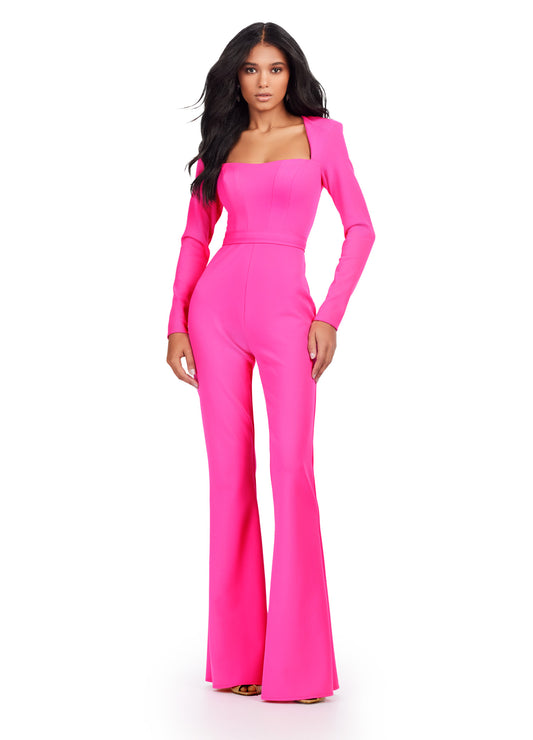 Upgrade your formal attire with the Ashley Lauren 11530 Long Sleeve Scuba Jumpsuit. The square neck and long sleeves add a touch of sophistication, while the scuba fabric provides a flattering fit. Perfect for prom or any special occasion, this jumpsuit is sure to make a statement. Fall in love with this long sleeve scuba jumpsuit with square neckline.