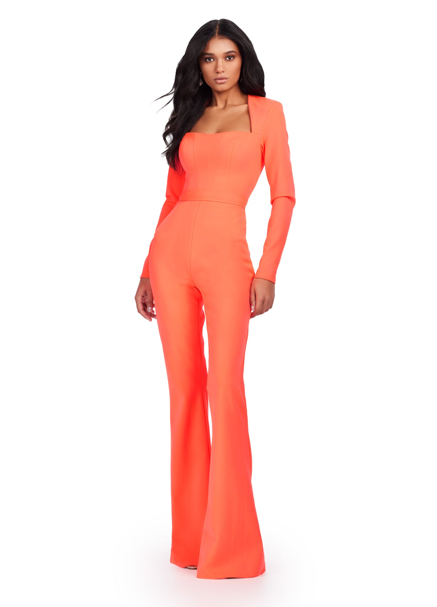 Upgrade your formal attire with the Ashley Lauren 11530 Long Sleeve Scuba Jumpsuit. The square neck and long sleeves add a touch of sophistication, while the scuba fabric provides a flattering fit. Perfect for prom or any special occasion, this jumpsuit is sure to make a statement. Fall in love with this long sleeve scuba jumpsuit with square neckline.