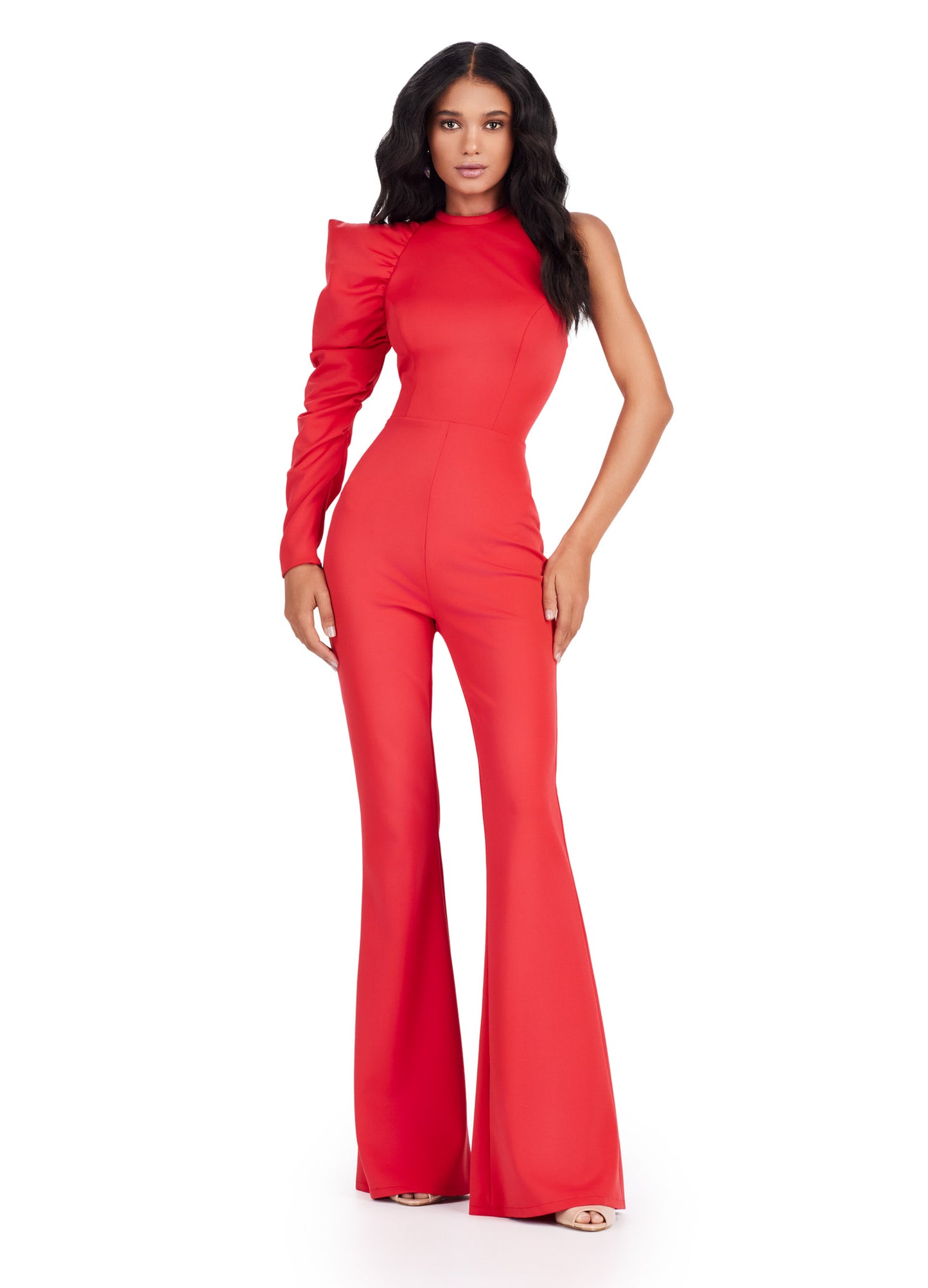 Effortlessly elegant, the Ashley Lauren 11531 Prom One Shoulder Jumpsuit exudes sophistication with its scuba material and one-shoulder design. The added puff sleeve detail adds a touch of drama to this formal piece. Embrace a modern and stylish look with this jumpsuit for any special occasion. Be remembered in this scuba one shoulder jumpsuit with exaggerated puff sleeve.