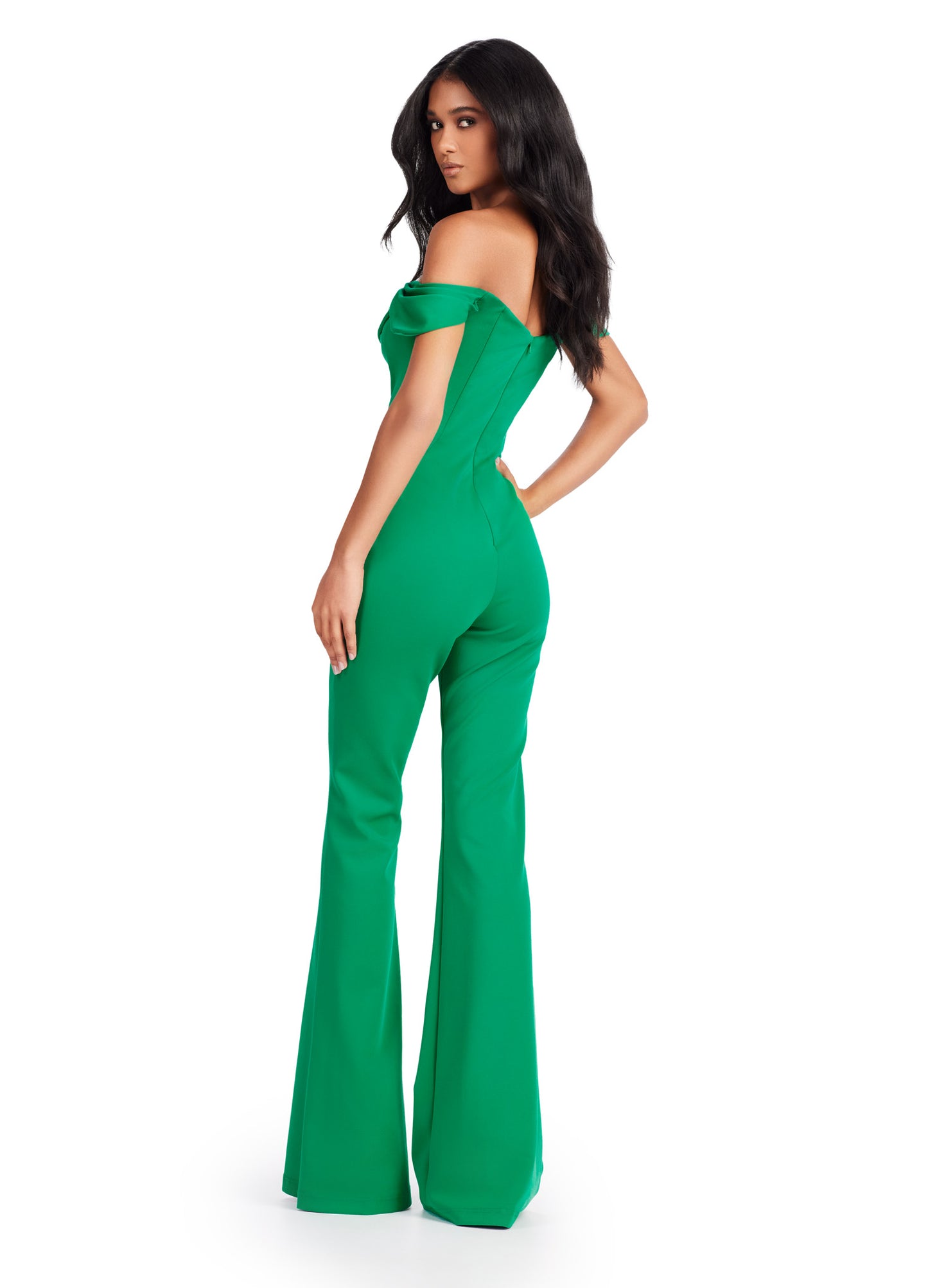 Elevate your formal wear game with the Ashley Lauren 11532 Prom Off Shoulder Scuba Jumpsuit. Featuring an off shoulder design, this jumpsuit adds a touch of sophistication to your prom look. Made with high-quality scuba material, it offers a comfortable fit for a night of dancing and fun. Perfect for making a statement on the dance floor. This off the shoulder scuba jumpsuit features elegant bustier draping that flows along the off shoulder straps.