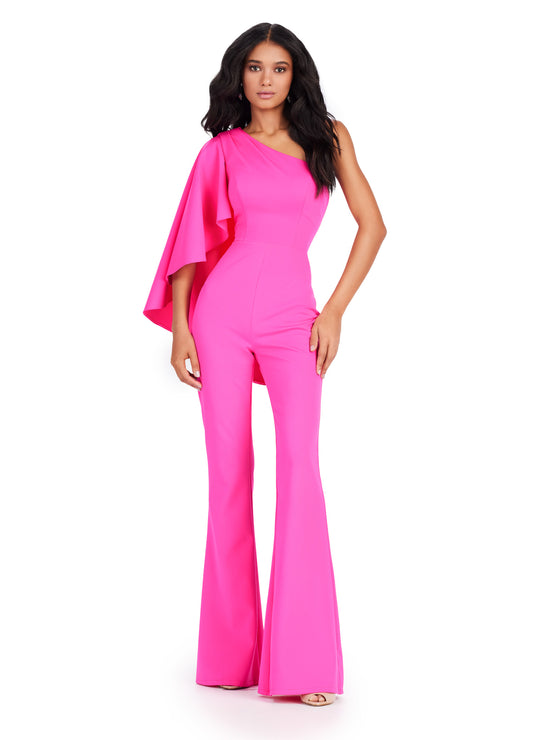 Dazzle at your next formal event with the Ashley Lauren 11534 One Shoulder Scuba Jumpsuit. Made with high-quality scuba fabric, this jumpsuit features a one-shoulder neckline and cascading ruffle sleeve for a unique and elegant look. Perfect for prom or any special occasion, this jumpsuit will make you stand out in style. An iconic look! This scuba jumpsuit features a one shoulder cascading ruffle sleeve to add the perfect amount of drama.