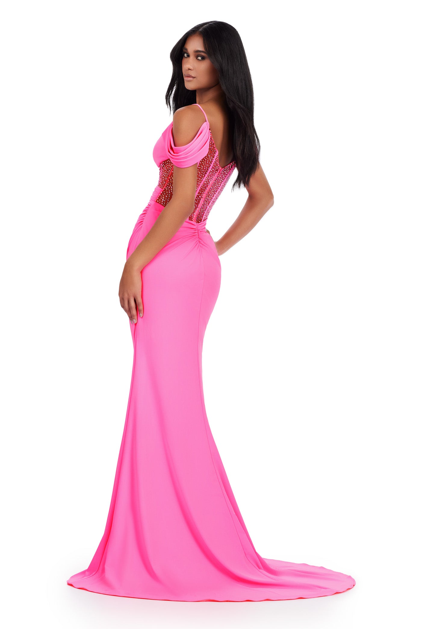 Indulge in timeless elegance with the Ashley Lauren 11536 Long Prom Dress. The spaghetti strap jersey gown features exposed corset boning for a flattering fit, while the formal pageant gown showcases your sophistication. Make a lasting impression with this stunning dress. A jersey gown with a twist! This dress features a spaghetti strap design with off shoulder details. The star of the show? The exposed beaded corset boning to add an extra sense of glam to this look.