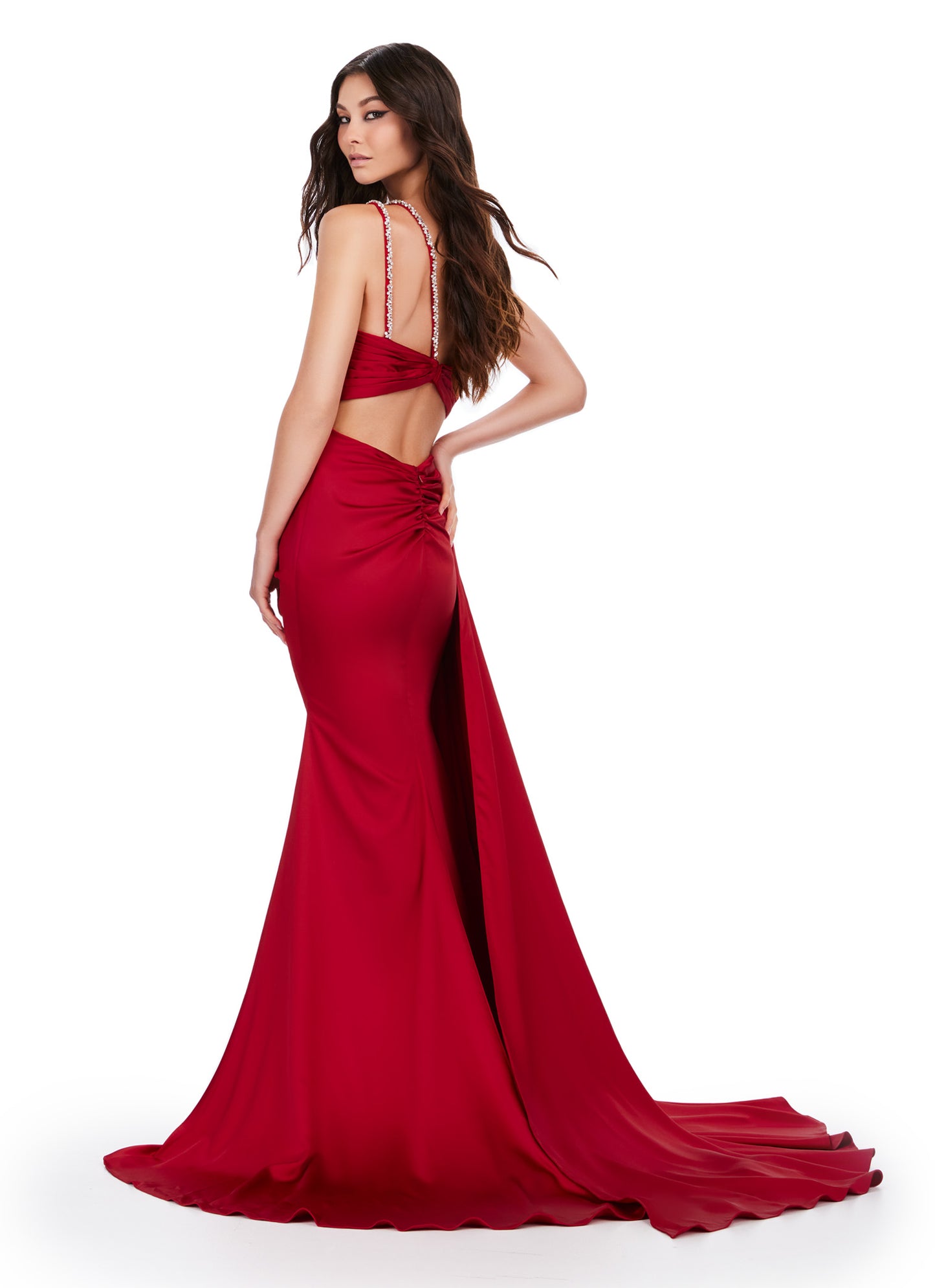 Look stunning in this Ashley Lauren 11537 Long Prom Dress. The one shoulder design and draped satin fabric flatter your figure, while the intricate beading adds a touch of elegance. Perfect for formal events and pageants. Slay at your next event in this one shoulder satin gown. This dress features a draped design with beaded straps and waist accents. The side skirt helps add a touch of glamour.