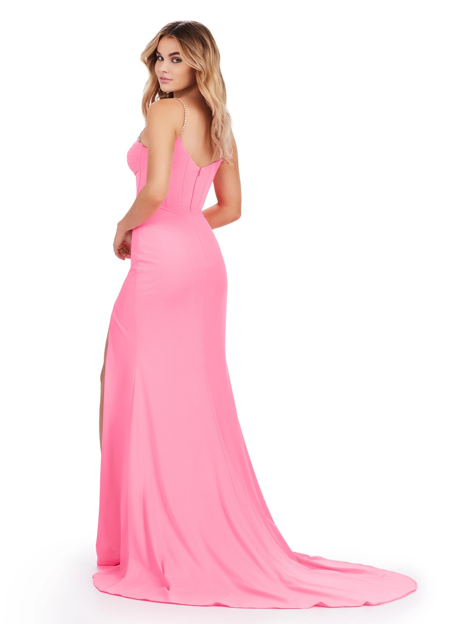 The Ashley Lauren 11538 Long Jersey Maxi Slit Corset Prom Dress offers an unforgettable look with its crystal straps and corset-style top for a flattering fit. Its maxi length and side slit give a modern edge to this beautiful evening gown. Classic and fabulous! This jersey gown features beaded spaghetti straps and a ruched skirt with beaded accents.