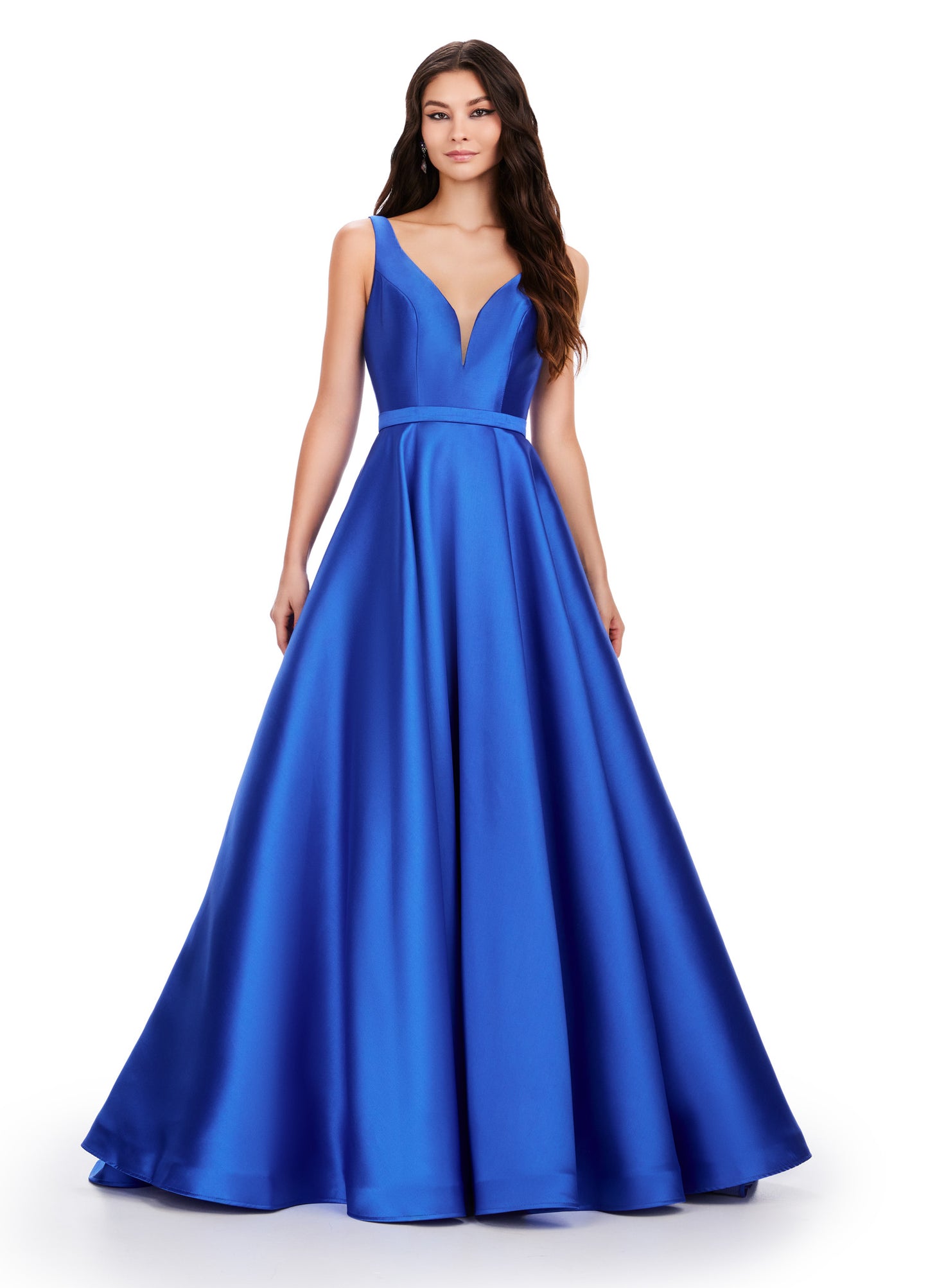 Elevate any event with the Ashley Lauren 11541 Long Prom Dress. The V-neck Mikado gown features a sweeping train for a formal and pageant-ready look. Turn heads with this elegant and expertly crafted gown. A classic! This v neck Mikado ball gown features a gorgeous sweep train and a waist detail.