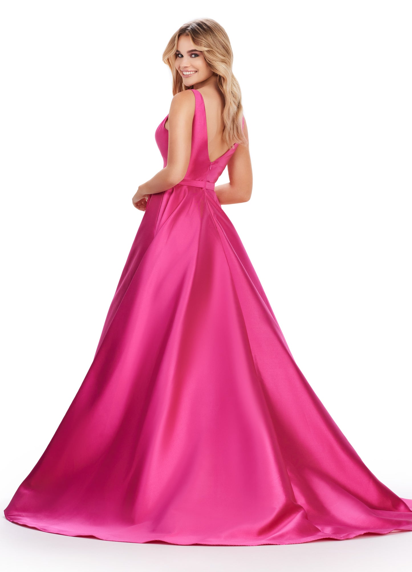 Elevate any event with the Ashley Lauren 11541 Long Prom Dress. The V-neck Mikado gown features a sweeping train for a formal and pageant-ready look. Turn heads with this elegant and expertly crafted gown. A classic! This v neck Mikado ball gown features a gorgeous sweep train and a waist detail.