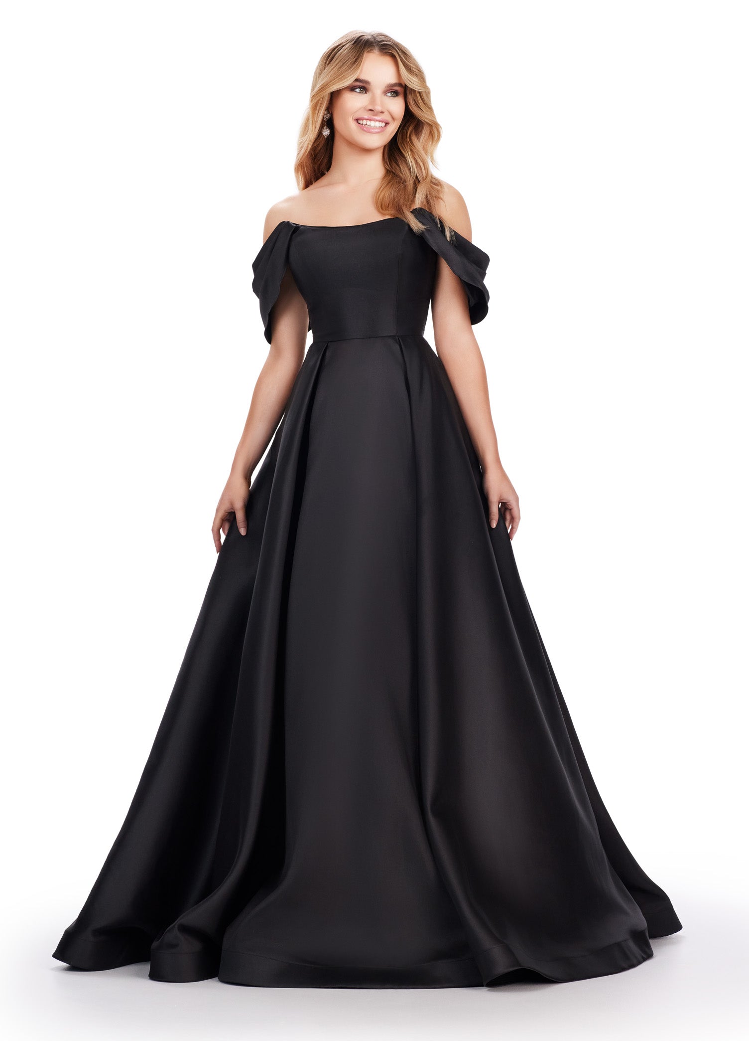 Expertly designed by Ashley Lauren, this stunning Prom Dress features an elegant off the shoulder neckline and a full ballgown skirt. Crafted with Mikado fabric, this formal evening gown exudes sophistication and style. Perfect for any special occasion, this dress is sure to make you stand out with its timeless design and impeccable fit. An off shoulder gown perfect for any event. This Mikado ball gown features a pleated off shoulder detail.