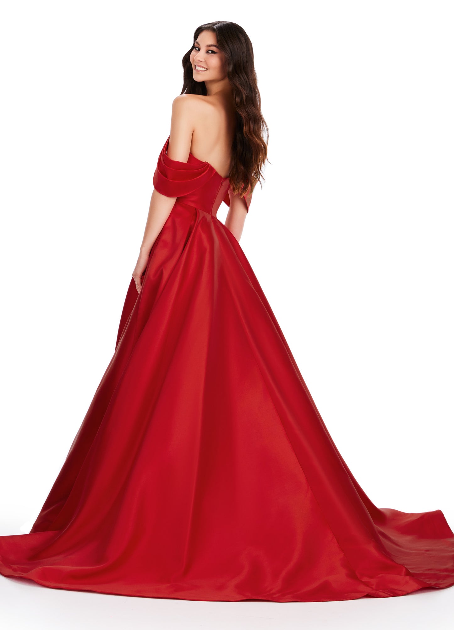 Expertly designed by Ashley Lauren, this stunning Prom Dress features an elegant off the shoulder neckline and a full ballgown skirt. Crafted with Mikado fabric, this formal evening gown exudes sophistication and style. Perfect for any special occasion, this dress is sure to make you stand out with its timeless design and impeccable fit. An off shoulder gown perfect for any event. This Mikado ball gown features a pleated off shoulder detail.