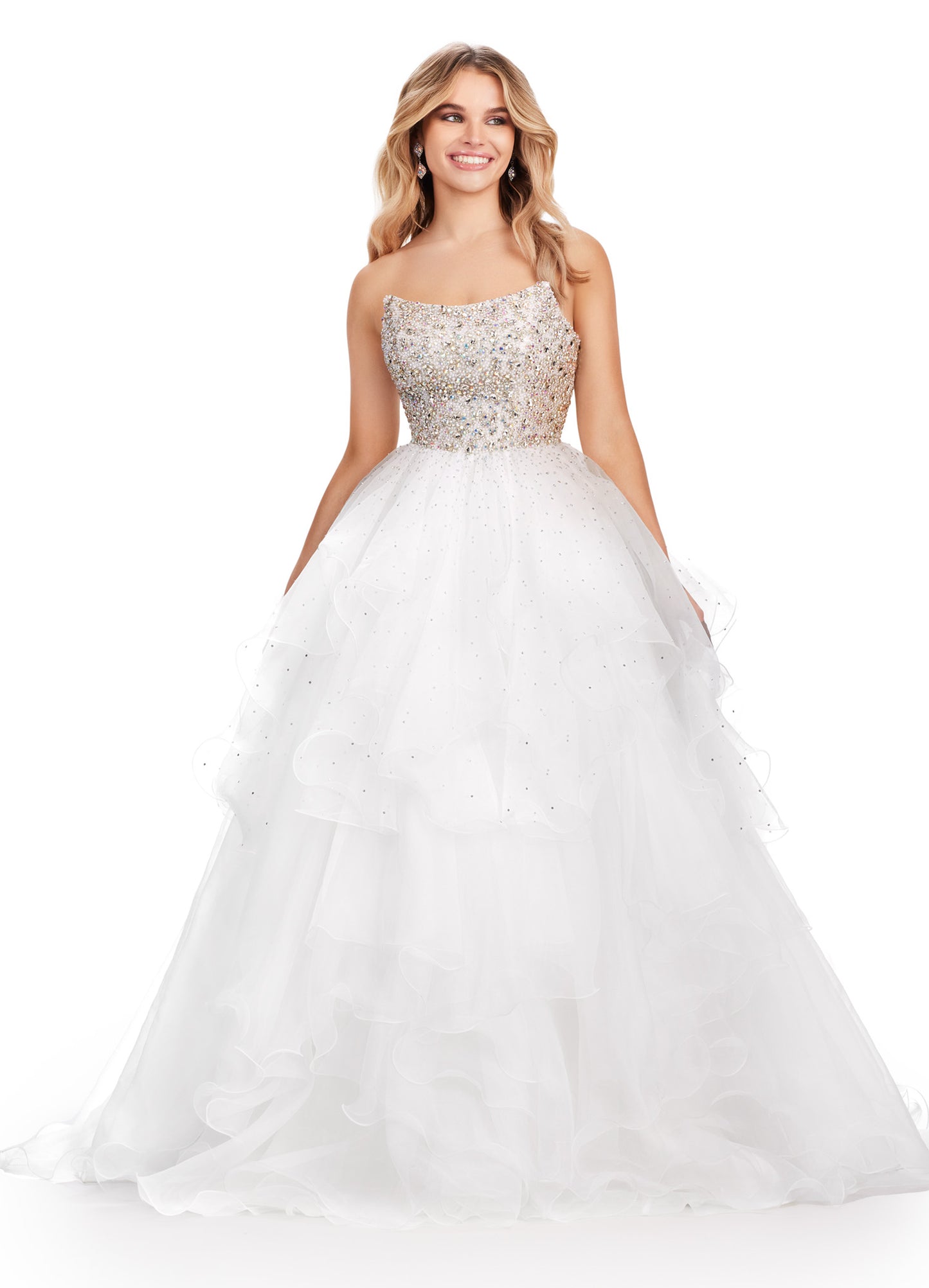 Expertly crafted and designed for a show-stopping appearance, the Ashley Lauren 11545 Long Prom Dress is sure to make you stand out at any formal event. With a strapless organza ball gown silhouette and a beaded bustier, this gown exudes elegance and glamour. Perfect for pageants or prom, this dress will make you feel confident and beautiful. The dreamiest dress! This strapless organza ball gown features a fully beaded bustier and ruffled organza skirt. 