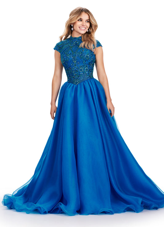 The Ashley Lauren 11548 is a stunning long prom dress made of organza. The ball gown silhouette, cap sleeves, and beaded bustier add elegance to any formal occasion. Perfect for pageants, this dress is sure to make a statement. This fully beaded high neck bustier ball gown is complimented with an organza skirt. The open back and cap sleeves complete the look.