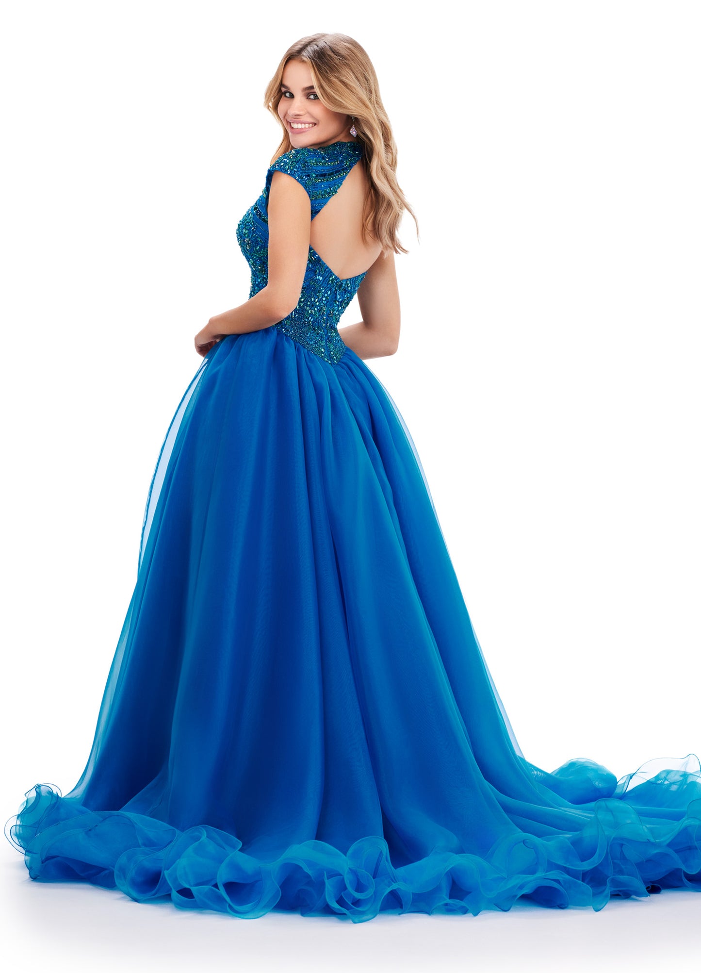 The Ashley Lauren 11548 is a stunning long prom dress made of organza. The ball gown silhouette, cap sleeves, and beaded bustier add elegance to any formal occasion. Perfect for pageants, this dress is sure to make a statement. This fully beaded high neck bustier ball gown is complimented with an organza skirt. The open back and cap sleeves complete the look.