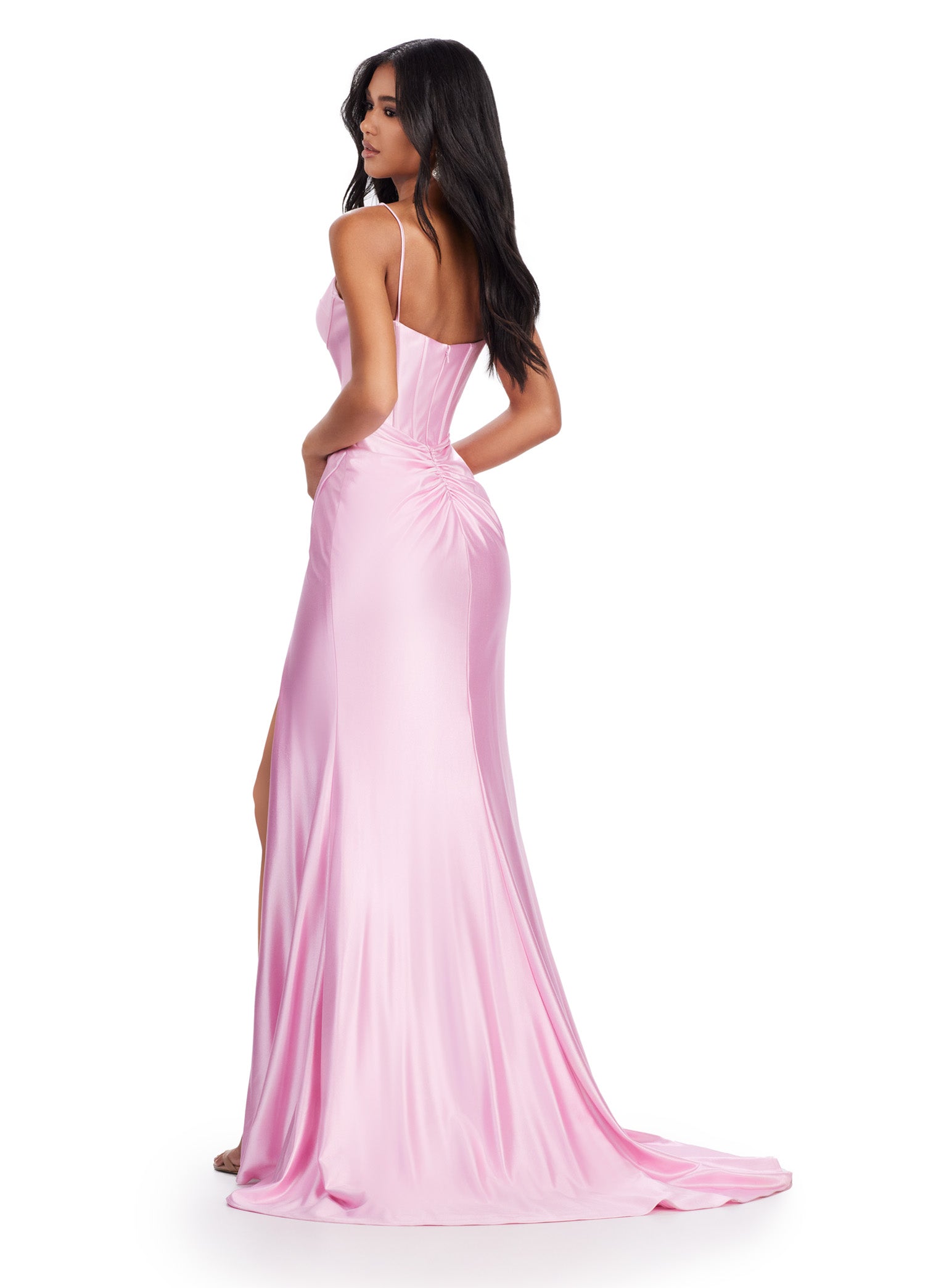 This formal Ashley Lauren 11549 prom dress features a flattering spaghetti strap corset bustier and a stylish slit. Perfect for pageants and formal events, this gown will make you feel confident and elegant. Red carpet ready! This jersey gown features a spaghetti strap design with a corset bustier and ruched skirt with a slit.