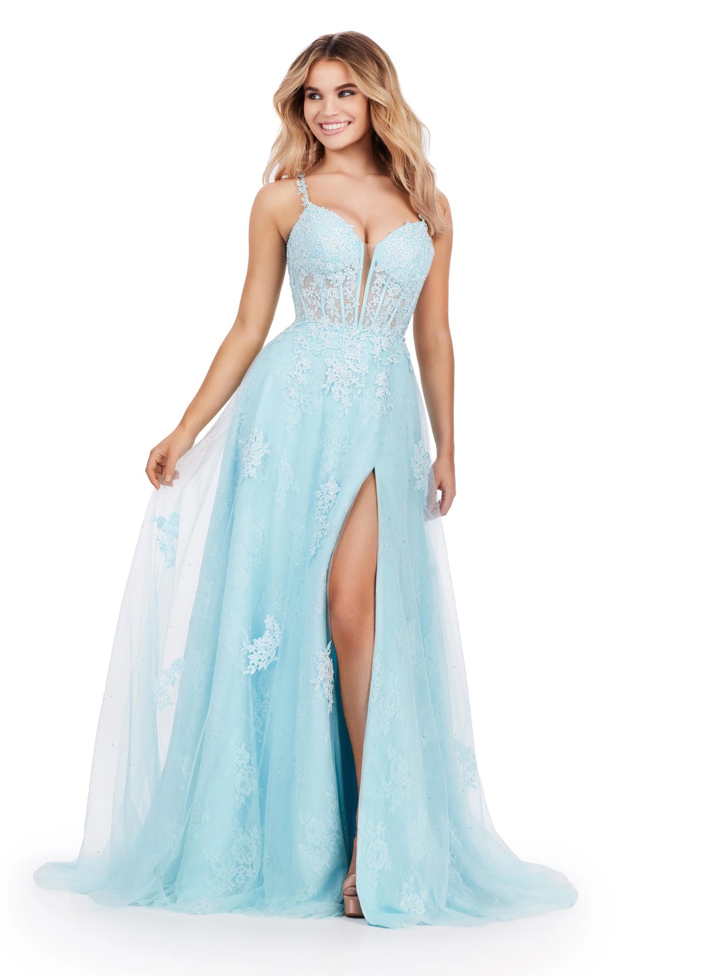 The Ashley Lauren 11558 Dress offers the perfect look for any special occasion. Crafted from a luxurious lace sheer fabric, this prom dress features a corset bodice, maxi slit A-line skirt, and pageant train - all in one stunning formal gown. Delight in the timeless style of this timeless piece. 