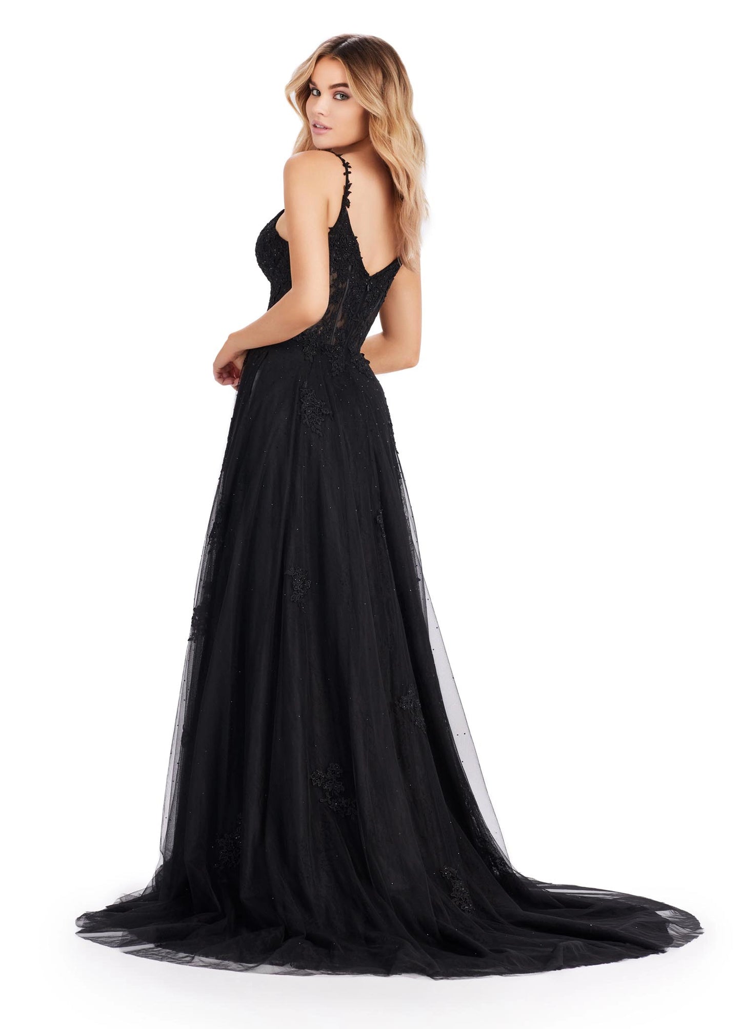 The Ashley Lauren 11558 Dress offers the perfect look for any special occasion. Crafted from a luxurious lace sheer fabric, this prom dress features a corset bodice, maxi slit A-line skirt, and pageant train - all in one stunning formal gown. Delight in the timeless style of this timeless piece. 