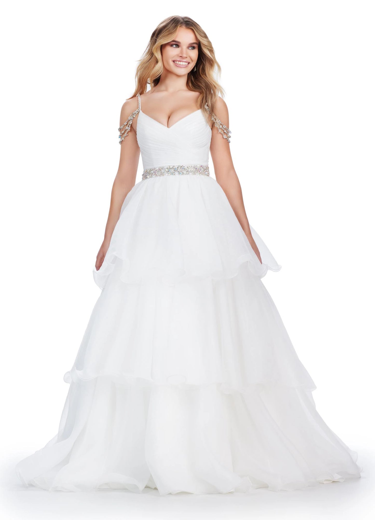 The Ashley Lauren 11561 is the perfect formal dress for prom, pageants, and galas. Featuring off-the-shoulder straps, a crystal embellished bodice, and tiered organza long layer skirt, this gown will ensure you make a statement. Enjoy a comfortable and stylish night in this elegant gown. 