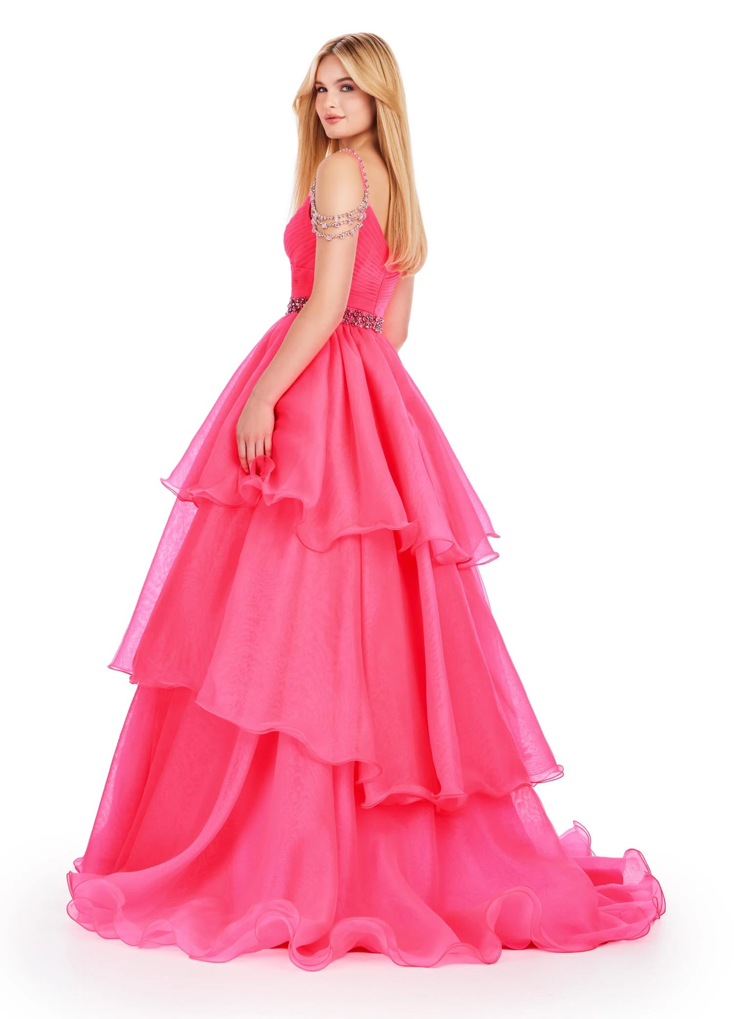 The Ashley Lauren 11561 is the perfect formal dress for prom, pageants, and galas. Featuring off-the-shoulder straps, a crystal embellished bodice, and tiered organza long layer skirt, this gown will ensure you make a statement. Enjoy a comfortable and stylish night in this elegant gown. 