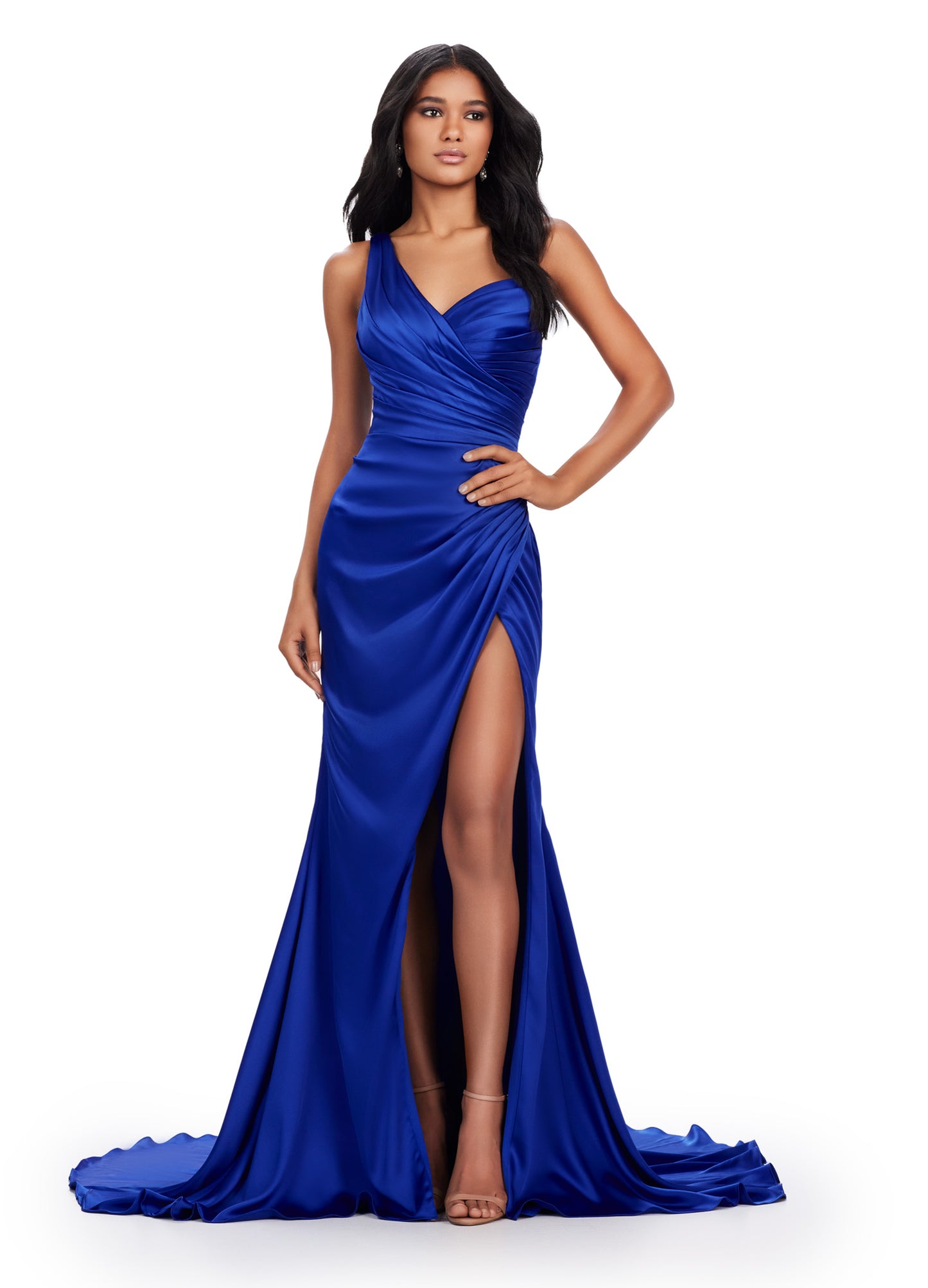 Look stunning in the Ashley Lauren 11574 Long Prom Dress. This one shoulder gown features a draped satin design and a left leg slit, perfect for formal events and pageants. Elevate your style with this elegant and sophisticated gown. Classic and glamorous! This one shoulder satin gown features a draped design and a left leg slit.